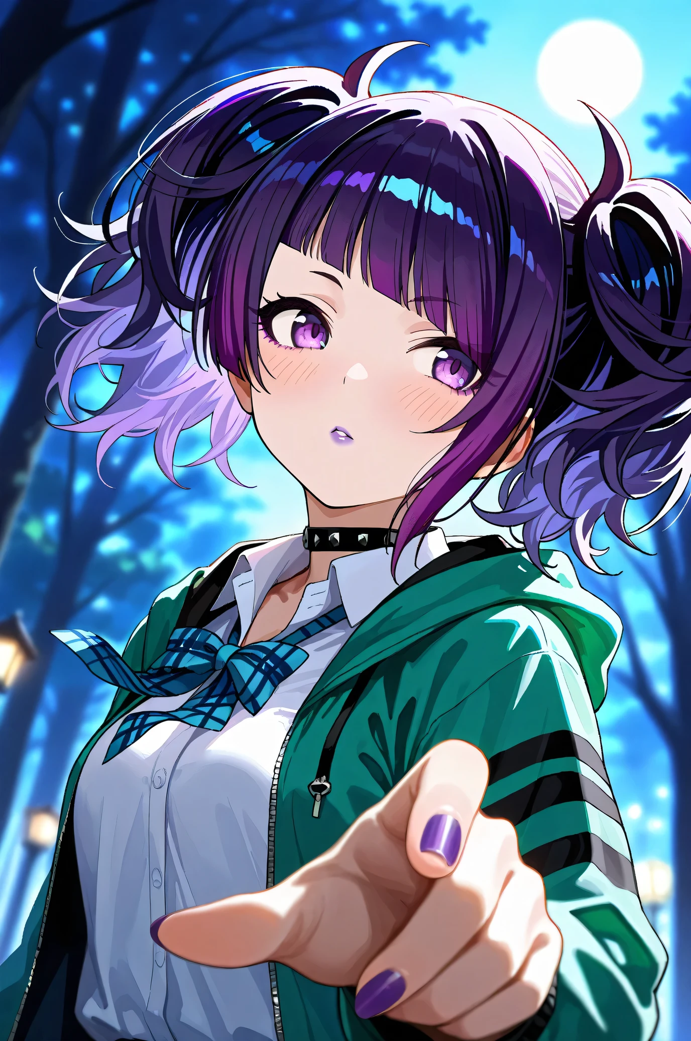 (Masterpiece:1.2), (Highest quality:1.1), (Very detailed),
(The best shape), (Best shadow), (Absurd),
(Detailed Background), (So beautiful), Shiny,
Beautiful eyes in every detail, Extraordinary, Countershading, 8k, 32K, High resolution,
Very Detailed CG, UHD,
Score_9, Score_8_up, Score_7_up, Source_anime,
(Pastel painting:1.2), (Watercolor painting:1.2),
(Masterpiece, Detailed:1.2), (Foreshortening:1.2),
Cinematic, Dramatic, (Depth of field:1.4),
(Blurry background:1.4), (Realistic background:1.4),
1 girl, Solo, Dynamic angle, from below,
Nature, Park, Night,
Tanaka Mamimi,
the idolmaster shiny colors,
tnkmmm, purple hair, short twintails, blunt bangs, diagonal bangs, purple eyes, medium breasts, small breasts,
(School uniform:1.3),
Open hoodie, Green hoodie, Solid hoodie,
Collared shirt, Long sleeve shirt, White shirt,
Indigo ribbon, Butterfly ribbon,
Choker, Purple nail, (Purple lips:1.1),
(Blush:1.3),
Portrait, Upper body, Look back, Close up shot,
Focus on face,
Realistic skin,
Shiny skin,