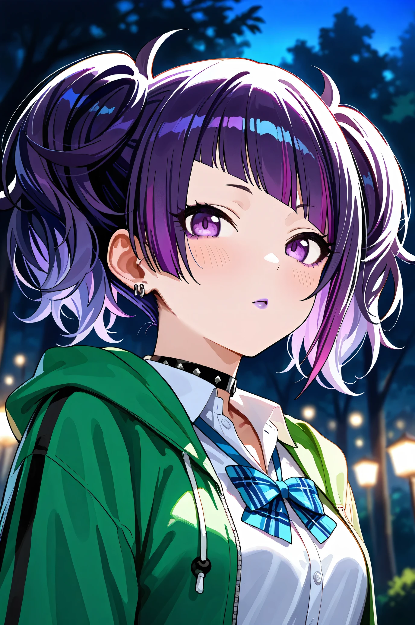 (Masterpiece:1.2), (Highest quality:1.1), (Very detailed),
(The best shape), (Best shadow), (Absurd),
(Detailed Background), (So beautiful), Shiny,
Beautiful eyes in every detail, Extraordinary, Countershading, 8k, 32K, High resolution,
Very Detailed CG, UHD,
Score_9, Score_8_up, Score_7_up, Source_anime,
(Pastel painting:1.2), (Watercolor painting:1.2),
(Masterpiece, Detailed:1.2), (Foreshortening:1.2),
Cinematic, Dramatic, (Depth of field:1.4),
(Blurry background:1.4), (Realistic background:1.4),
1 girl, Solo, Dynamic angle, from below,
Nature, Park, Night,
Tanaka Mamimi,
the idolmaster shiny colors,
tnkmmm, purple hair, short twintails, blunt bangs, diagonal bangs, purple eyes, medium breasts, small breasts,
(School uniform:1.3),
Open hoodie, Green hoodie, Solid hoodie,
Collared shirt, Long sleeve shirt, White shirt,
Indigo ribbon, Butterfly ribbon,
Choker, Purple nail, (Purple lips:1.1),
(Blush:1.3),
Portrait, Upper body, Look back, Close up shot,
Focus on face,
Realistic skin,
Shiny skin,