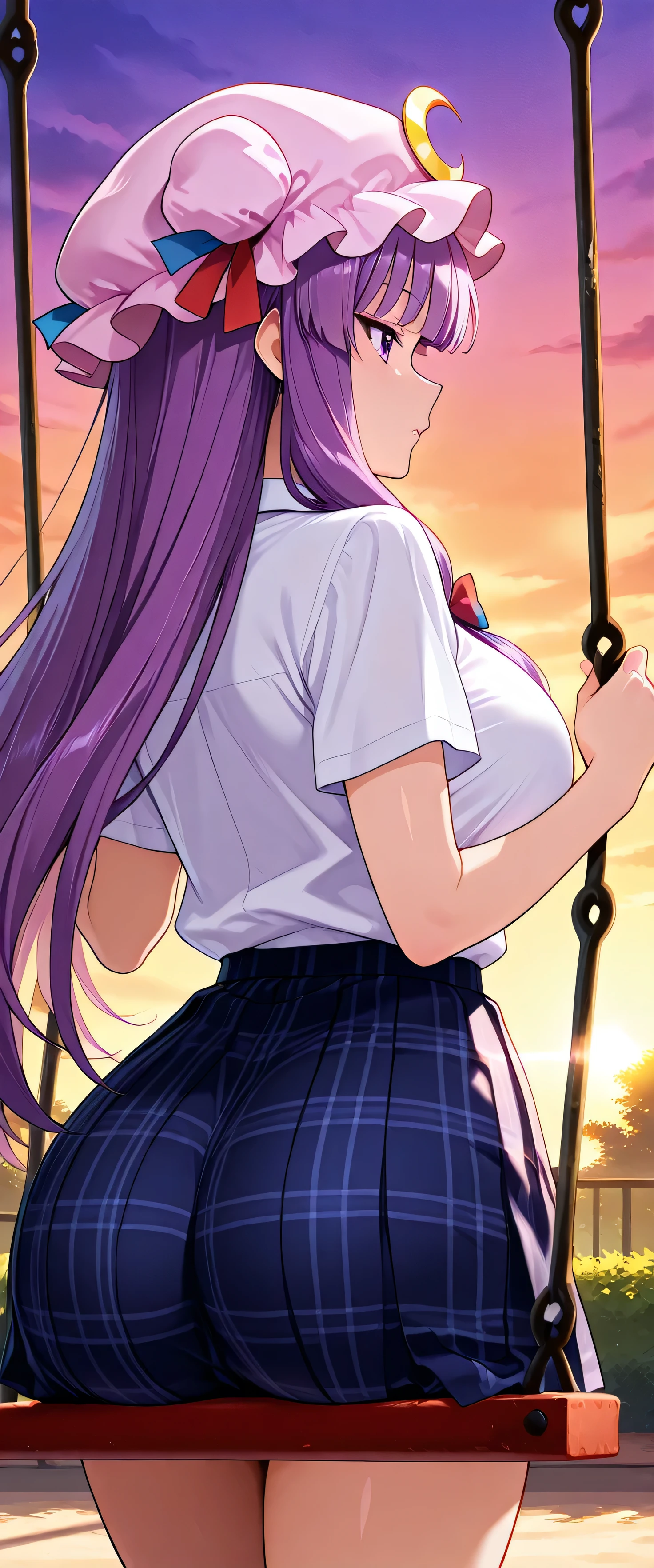 (beautiful girl:1.3),masterpiece,Please redeem,Ultra-high resolution,rich contrast,Very high quality,8k,Highly detailed CG unit wallpaper,Texture,So ridiculous,RAW Photos,Highest quality anime,anime-style illustration,studio anime style,professional photograph,an extremely delicate and beautiful,Depth of written boundary 1.2,ultra-detailed eyes,Glowing Skin,Glitter Effect,Beautiful glossy lips,patchouli knowledge, 1girl , alone, purple hair,very short hair, purple eyes, mob cap, pink headwear, crescent hat ornament, blue bow, red bow, hat ribbon, hair bow, Crescent Pin, red ribbon, (school uniform, short sleeve shirt, summer style with light fabric, plaid skirt),, big breasts,Big Round Ass,garden,sunset,lens flare,swing,(She's on the swing),(profile:1.5),(butt close-up:1.5)