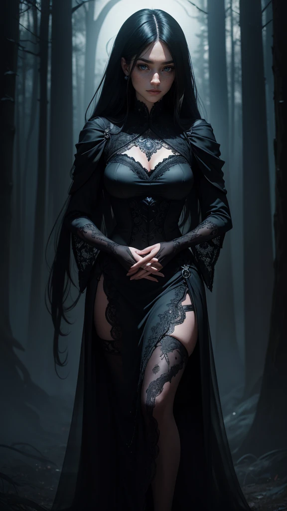 uma pessoa com um vestido e botas, olhos dourados, cabelos pretos, cabelos escuros, mulher usando um vestido preto, Gothic maiden woman, Crotchet, personagem feminino, 1 7 - year - old gothic woman, mulher de corpo inteiro!! rpg art --auto
