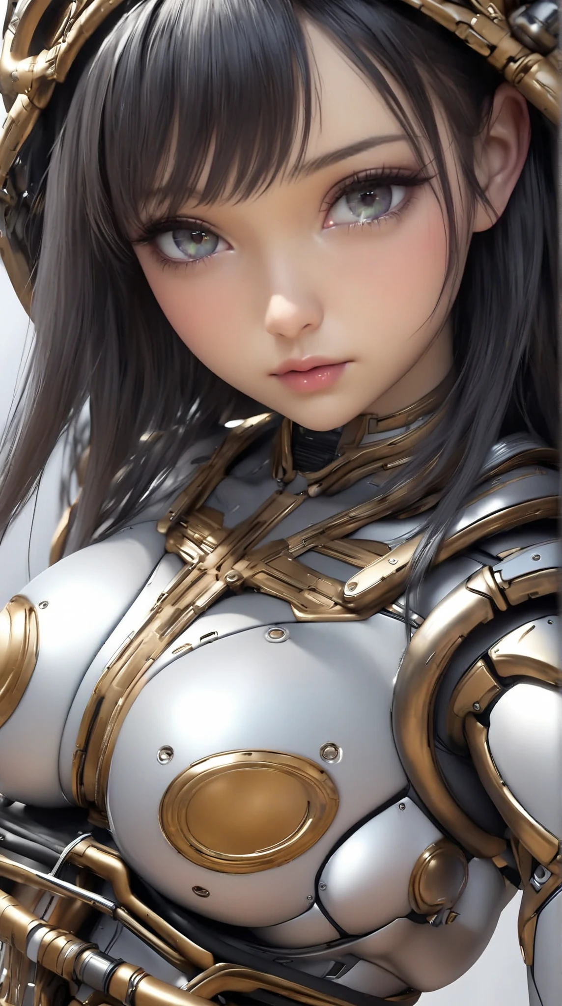 A girl with metal plates embedded cheeks and mechanical forearms.
