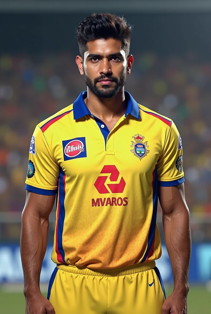Create high quality realistic pictures for 21 years old boy wearing a Chennai IPL jersey with the name “PRAKASH” and the number “7” printed on it. The person is sitting on a dark surface, possibly a couch or bed, and watching IPL cricket on a large-screen television. Realistic pictures, 8k pictures,