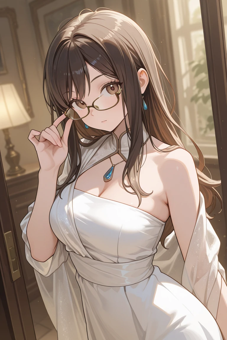 Riofutaba, Rio Futaba, black-framed eyewear, (brown eyes:1.7), glasses, (grey hair:1.2), hair between eyes, over-rim eyewear, semi-rimless eyewear, long hair, sidelocks, 
BREAK (hair ribbon, circlet, halterneck, criss-cross halter, white and purple dress, armlet, white skirt, thigh boots:1.2),
BREAK angry looking face、Shyness、up chest、solo,、breastsout(camel's toe)、highleg,
BREAK (masterpiece:1.2), best quality, high resolution, unity 8k wallpaper, (illustration:0.8), (beautiful detailed eyes:1.6), extremely detailed face, perfect lighting, extremely detailed CG, (perfect hands, perfect anatomy),