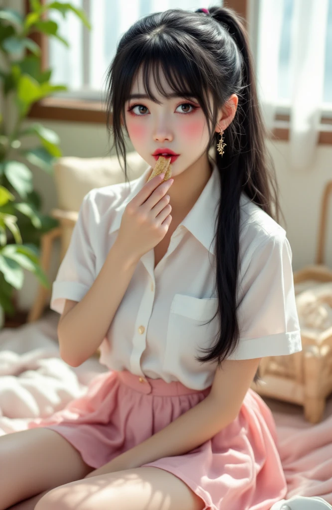 ((realistic on the hand, accurate , accurate body)),((full body photo, highest resolution,  realistic photo )), black hair, long ponytail hair, black eyes, Beautiful Japanese girl with beautiful , She is waiting in pretty clothes to go on a date with her viewers, A beautiful and bright costume, white shirt, pink skirt, white shoes, Her cheeks are colored red as if reminded, ((look ashamed when eating))