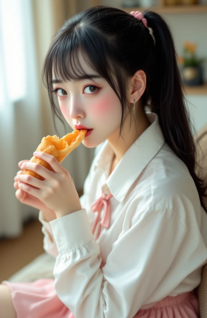 ((realistic on the hand, accurate , accurate body)),((full body photo, highest resolution,  realistic photo )), black hair, long ponytail hair, black eyes, Beautiful Japanese girl with beautiful , She is waiting in pretty clothes to go on a date with her viewers, A beautiful and bright costume, white shirt, pink skirt, white shoes, Her cheeks are colored red as if reminded, ((look ashamed when eating))
