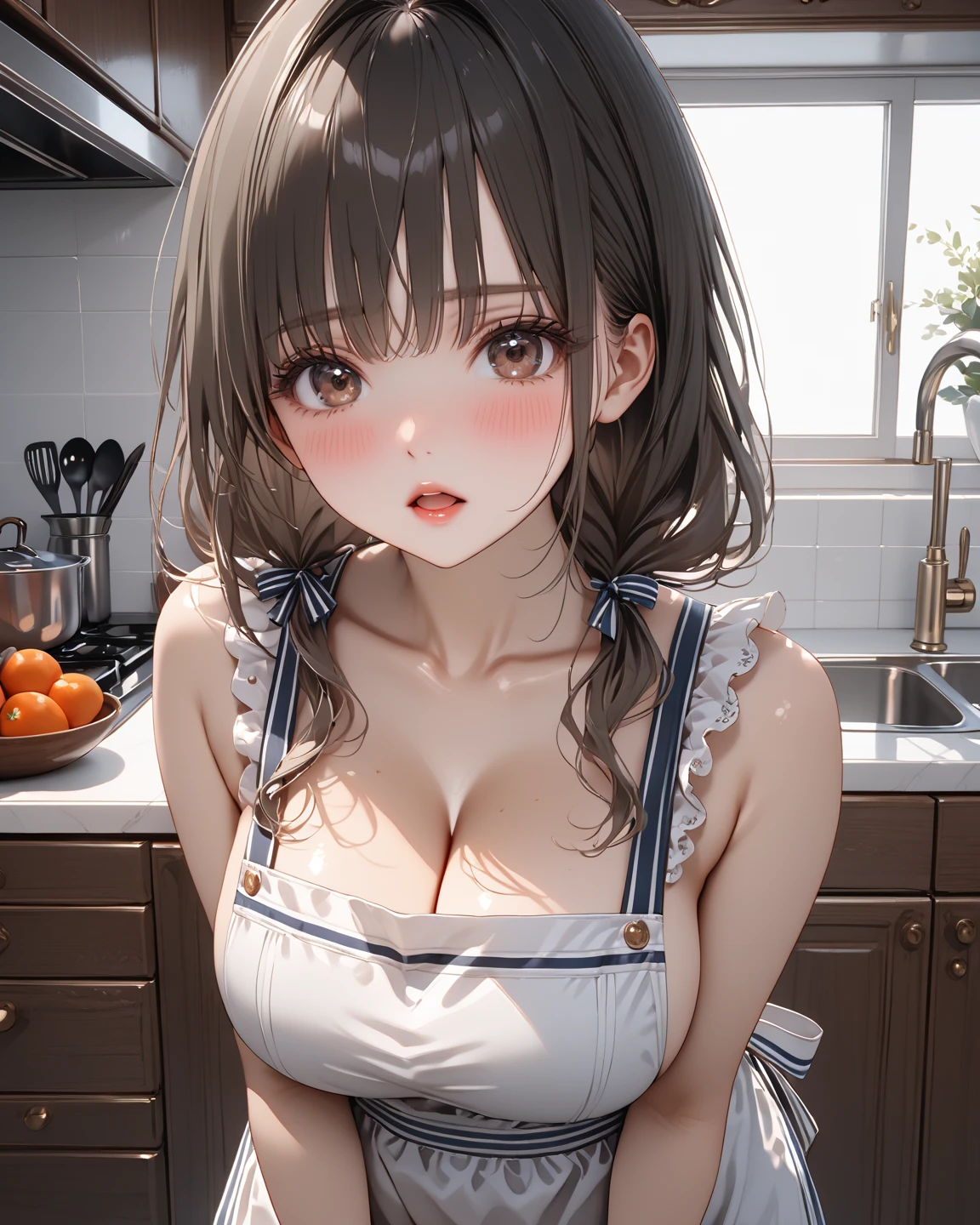 1People Girls、(The 8k quality、Real masterpieces)、(beautiful a girl)、(short hair of red-brown color、hair pin、poneyTail、Floating hair、)barechested、(((Large size white lace apron on bare skin,、)))、Blush with embarrassment、Enraptured eyes、A smile that beguiles the viewer、Lean forward with your elbows on the kitchen table、Look into the photographer、skin glistening with sweat、gazing at viewer、