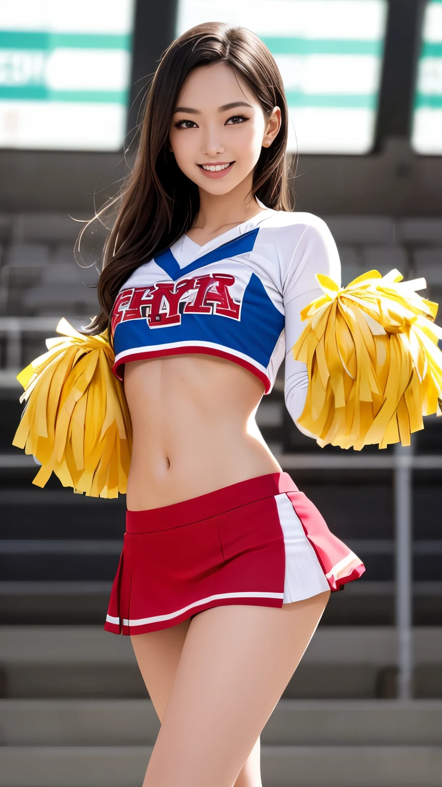 8K raw photos、Beautie:2.0、24 year old、japanes、cute little、cleavage of the breast、((cheer girl:1.5))、((a miniskirt))、beautiful eyes finely detailed、Eye lashes、((Brown eyes:1.2))、Beautiful double eyelids、eyeshadows、Perfect eye makeup、((A smile:1.6))、Beautiful and thin legs、(chestnut-colored hair)、Medium Hair、fluffy hair、stadio、Daytime、Latina、Photorealsitic:1.9、Sexy navel、Skinny Legs、tthin eyebrows、Tear bag、lofty nose、((Highly sexual))、s ass、taken from the under、Opening legs