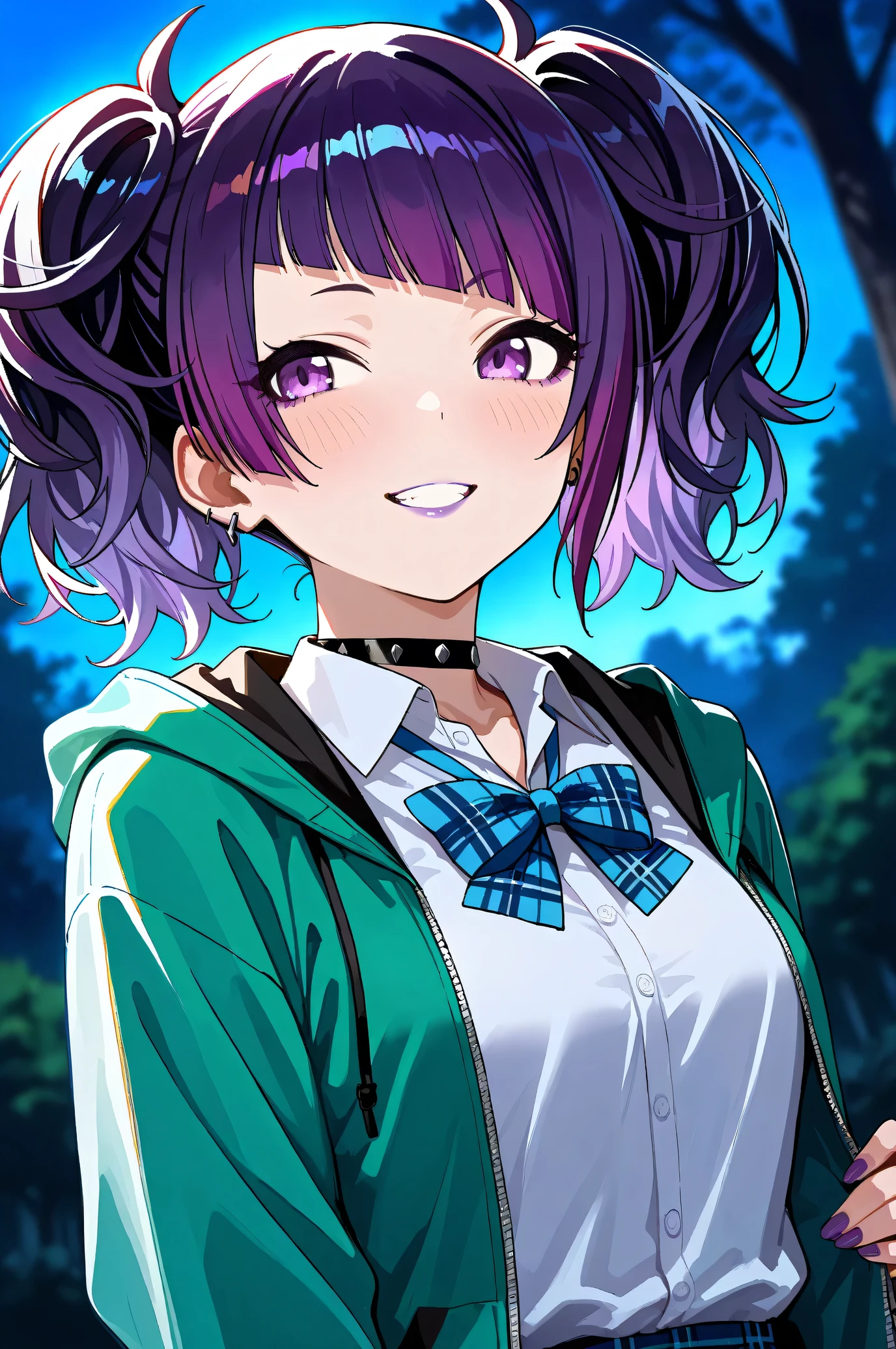 (Masterpiece:1.2), (Highest quality:1.1), (Very detailed),
(The best shape), (Best shadow), (Absurd),
(Detailed Background), (So beautiful), Shiny,
Beautiful eyes in every detail, Extraordinary, Countershading, 8k, 32K, High resolution,
Very Detailed CG, UHD,
Score_9, Score_8_up, Score_7_up, Source_anime,
(Pastel painting:1.2), (Watercolor painting:1.2),
(Masterpiece, Detailed:1.2), (Foreshortening:1.2),
Cinematic, Dramatic, (Depth of field:1.4),
(Blurry background:1.4), (Realistic background:1.4),
1 girl, Solo, Dynamic angle, from below,
Nature, Park, Night,
Tanaka Mamimi,
the idolmaster shiny colors,
tnkmmm, purple hair, short twintails, blunt bangs, diagonal bangs, purple eyes, medium breasts, small breasts,
(School uniform:1.3),
Open hoodie, Green hoodie, Solid hoodie,
Collared shirt, Long sleeve shirt, White shirt,
Indigo ribbon, Butterfly ribbon,
Choker, Purple nail, (Purple lips:1.1),
(Blush:1.3), Grin,
Portrait, Upper body, Look back, Close up shot,
Focus on face,
Realistic skin, Shiny skin,
