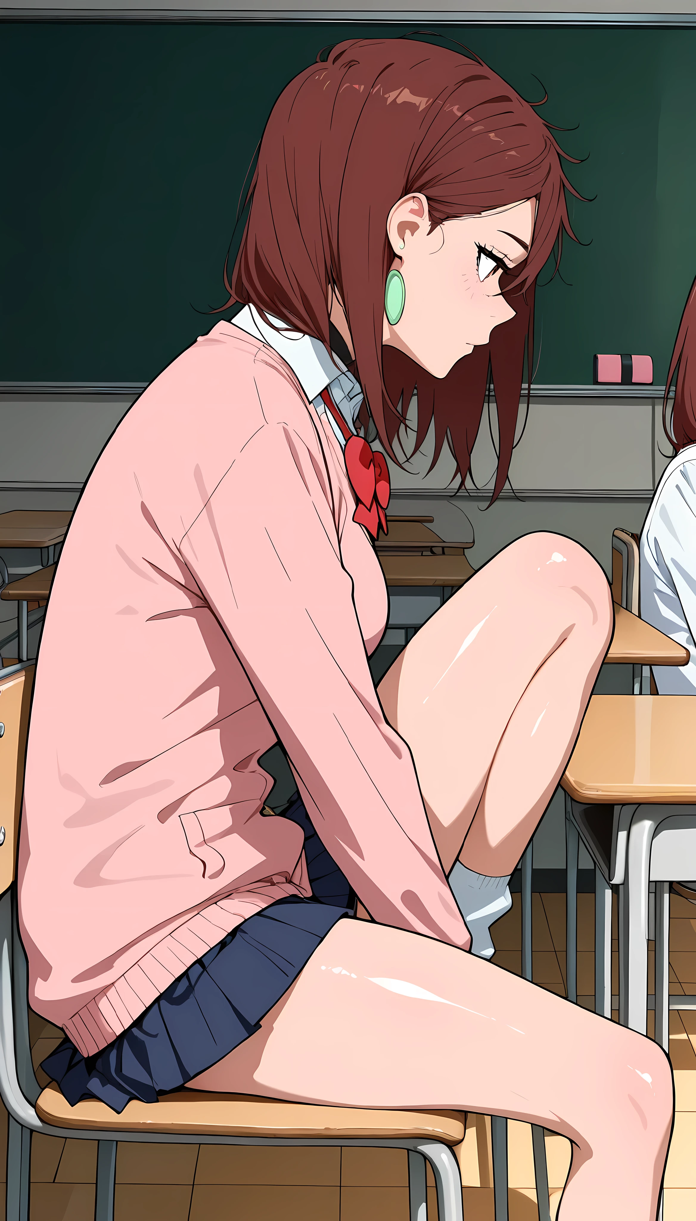 (masterpiece,best quality:1.2,amazing quality,very aesthetic,absurdres,newest),Ayase Momo, Dandadan),1woman,Alone,(adult),(very small head:1.2),(ideal ratio body proportions:1.2,slender body:1.2,skinny:1.2),medium breasts,brown medium hair,shiny skin,school uniform,pink cardigan,pleated miniskirt,knee up,sitting,Simple desk,classroom,