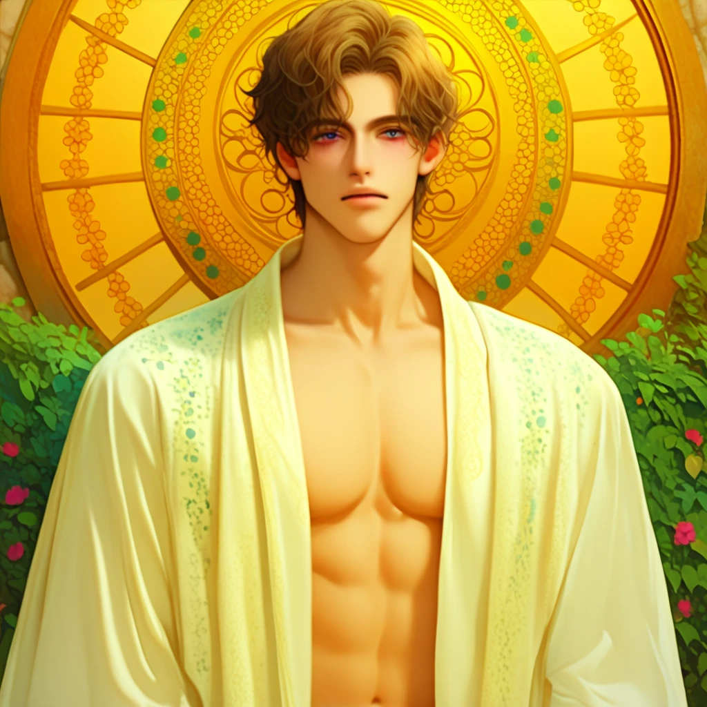 1 young teen boy, detailed boy, muscular boy, brown hair, blue eyes, twink, small waist, big arms, chiseled abs, big voluptuous chest, body wrapped in beautiful flower vines, see-through clothes, floral scene, sunset beautiful floral field, high quality, detailed, 3d, vines wrap around legs arms and body, flower in ear, flower on crotch
