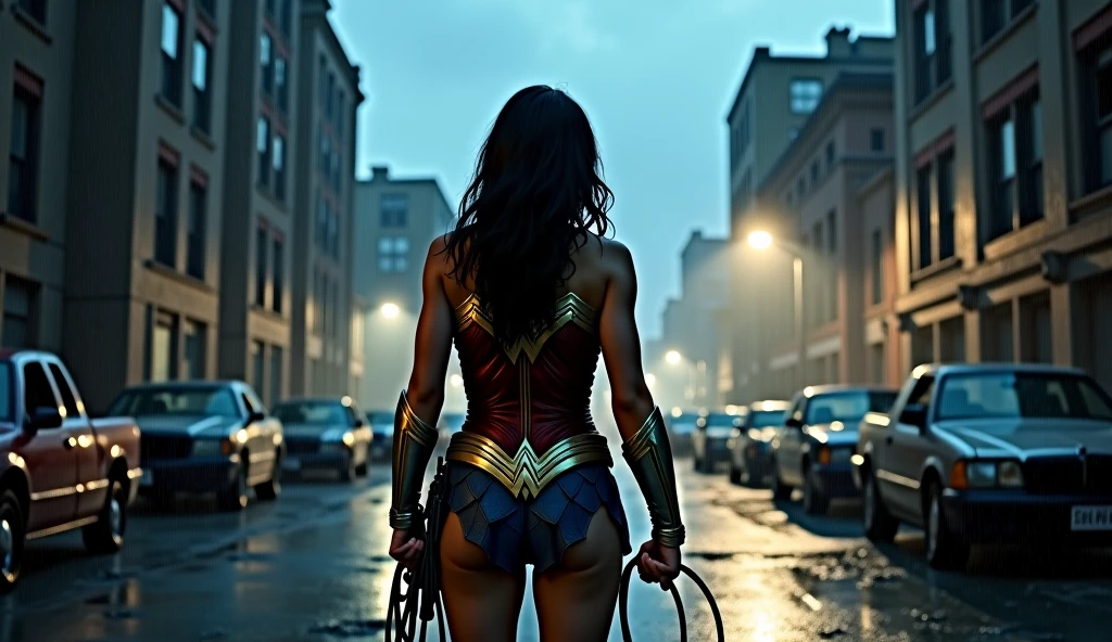 moody storm clouds, raining, photo realistic front view of thicc big breasts wonder woman in micro-bikini-thong costume oiled ass, cameltoe, dynamic pose, ready for action, attacked by tentacles. building collapse, fire smoke, low-angle shot, wide-angle shot, dramatic angle, extreme angle shot