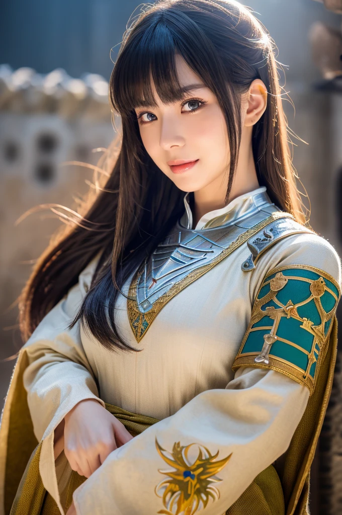 Realisian、one beautiful girl、great man、Medieval Rome、real faceを向いている、realistic images、A taste between live-action and illustration、medieval clothing、肩もreal faceに向いている、god々costume、front image、real face、facing forward、The eyes, nose and mouth are clearly defined、