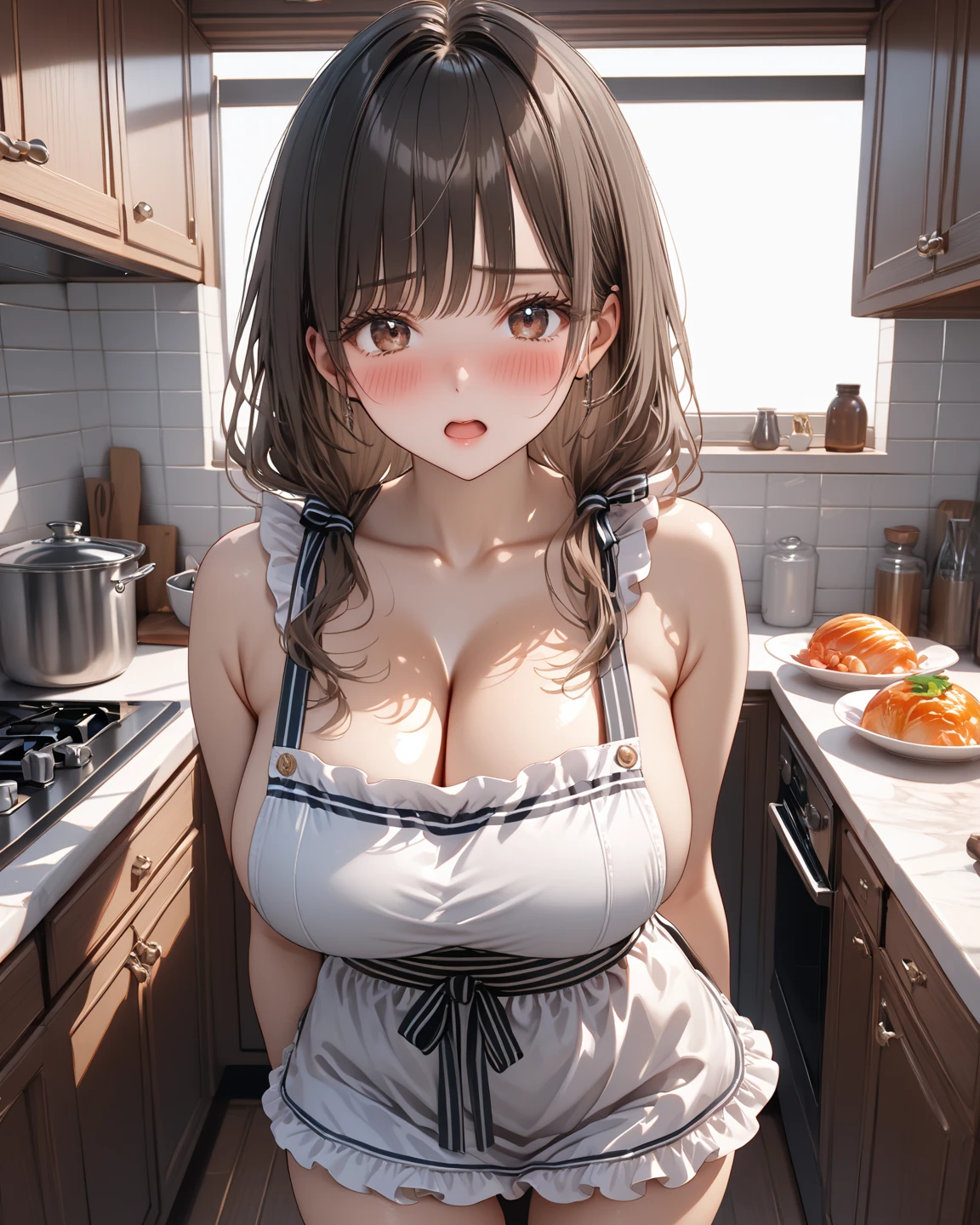 Motherly Side Plait, brown hair, woman, solo girl, wide hips, wearing only yellow apron, motherly, no t-shirt, no shirt, no skirt, no bra, no panties