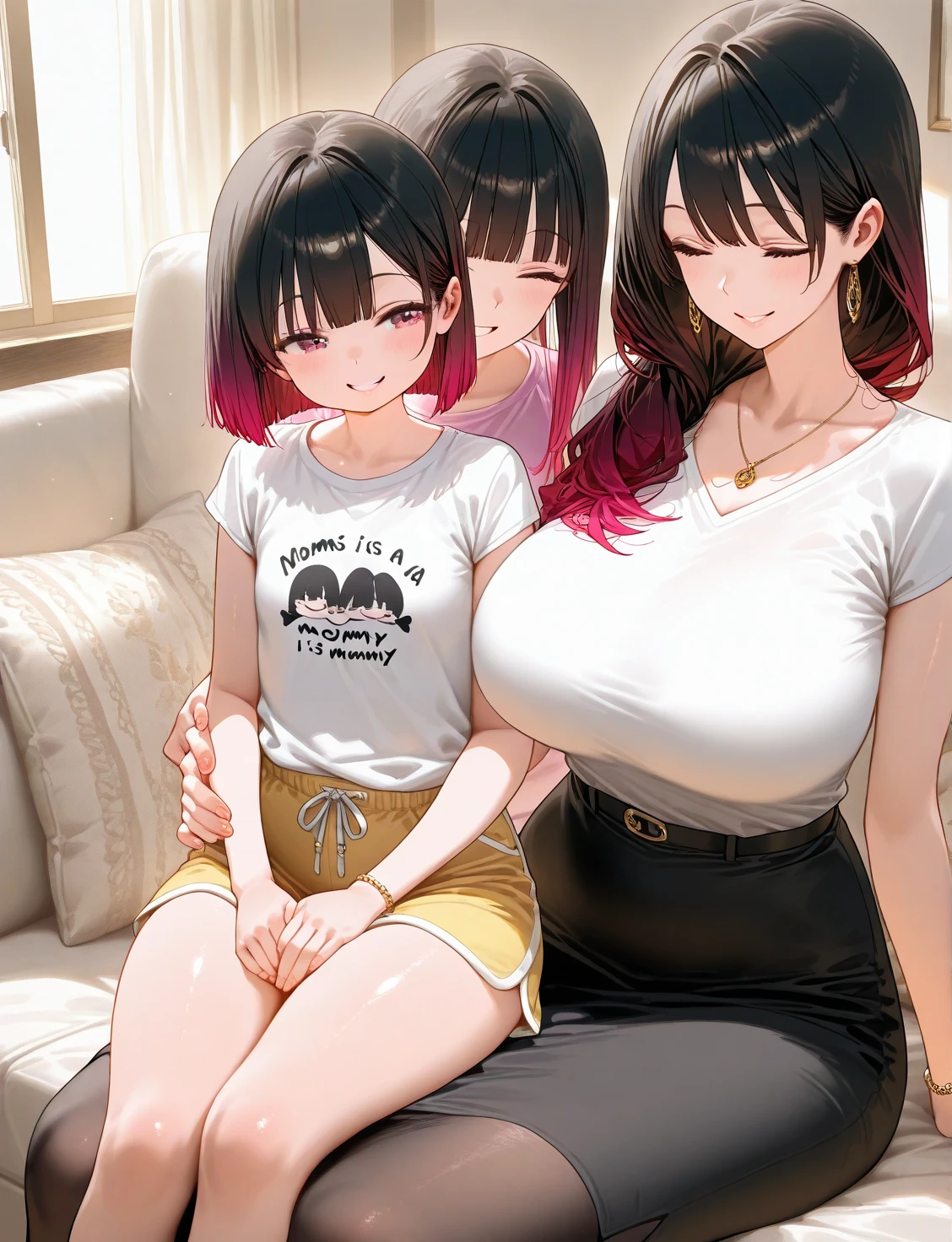 masterpiece, best quality, (child), sisters, siblings, age difference:1.4, 2girls, (older girl, onee-san, big sister, parted lips:1.2, sharp eyelashes, thick lips:1.4, older, medium hair, light brown hair, grey eyes, black shirt, long sleeves, pants, denim, tight shirt, big breasts, narrow waist, wide hips), (very short hair, brown hair, brown eyes, red shirt, short sleeves, black shorts), indoors