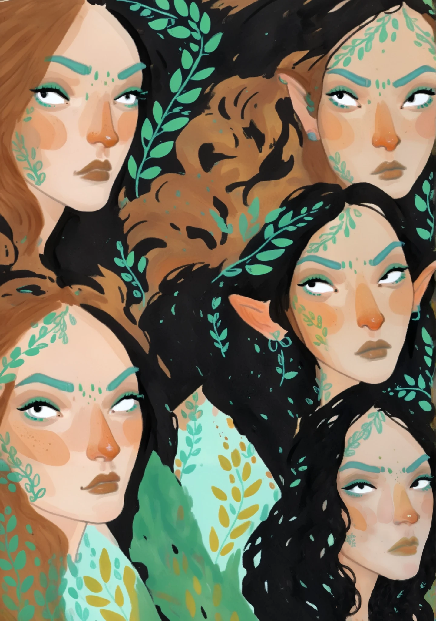 3girls, female elves, gorgeous, detailed faces, detailes clithes, simple black eyes, eyeliner, gouache texture, half body portrait, gouache painting, fluor iridescent colors, skin freckles, opaque gouache render, novuschroma57 style cartoon, in gougoupaintleaves, FRESHIDEAS Illustration No. 12