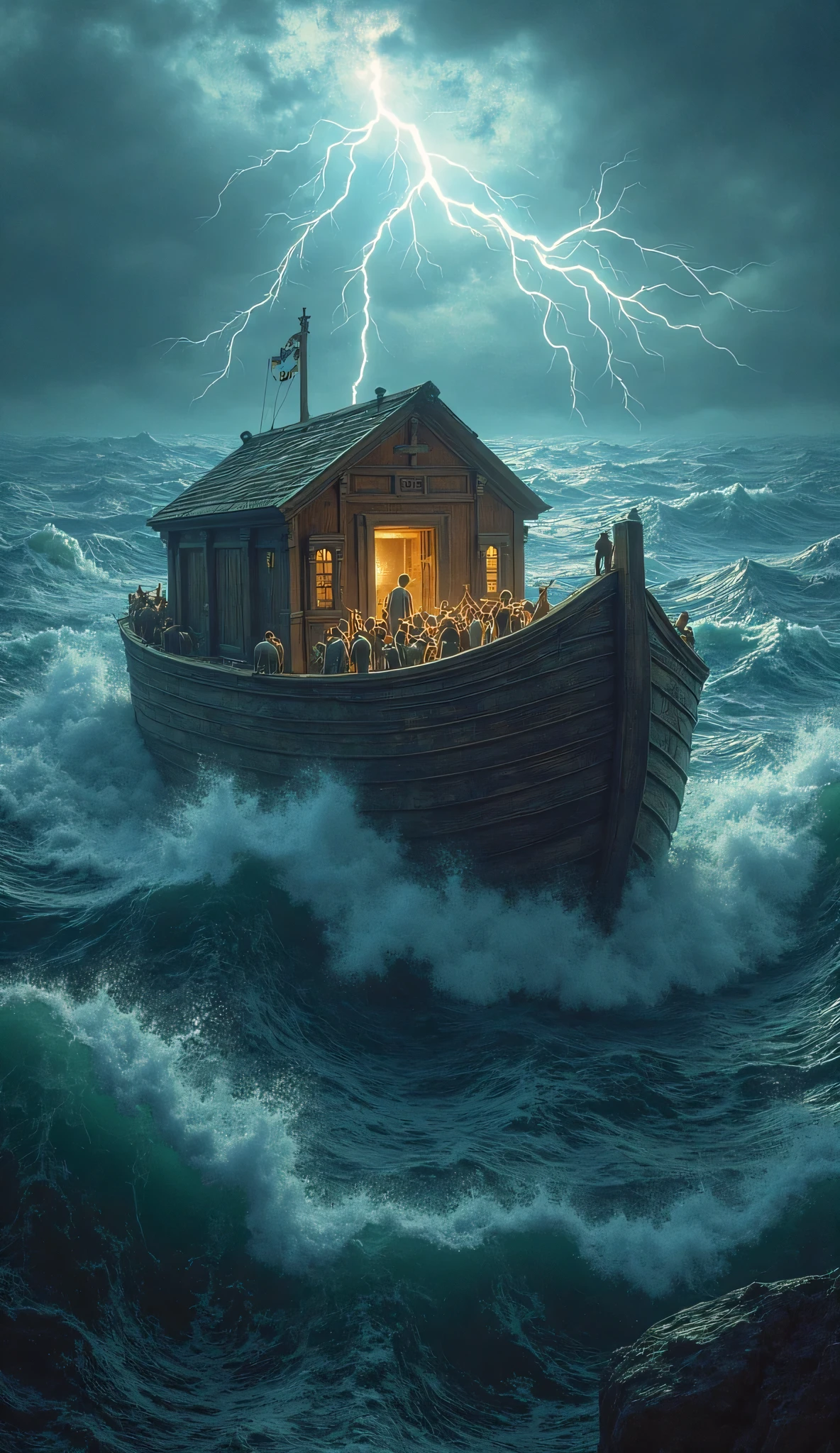 Arafed boat in the ocean with a lightning bolt coming out of it - SeaArt AI