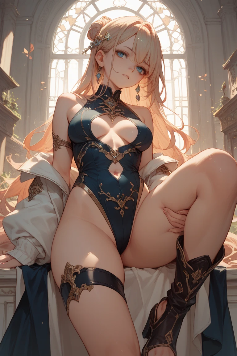 1 girl , sitting knees up , character focus ,(nudity), long boots , blush ,((masterpiece)), ((best quality)), ((ultra-detailed)), (illustration), ((an extremely delicate and beautiful))