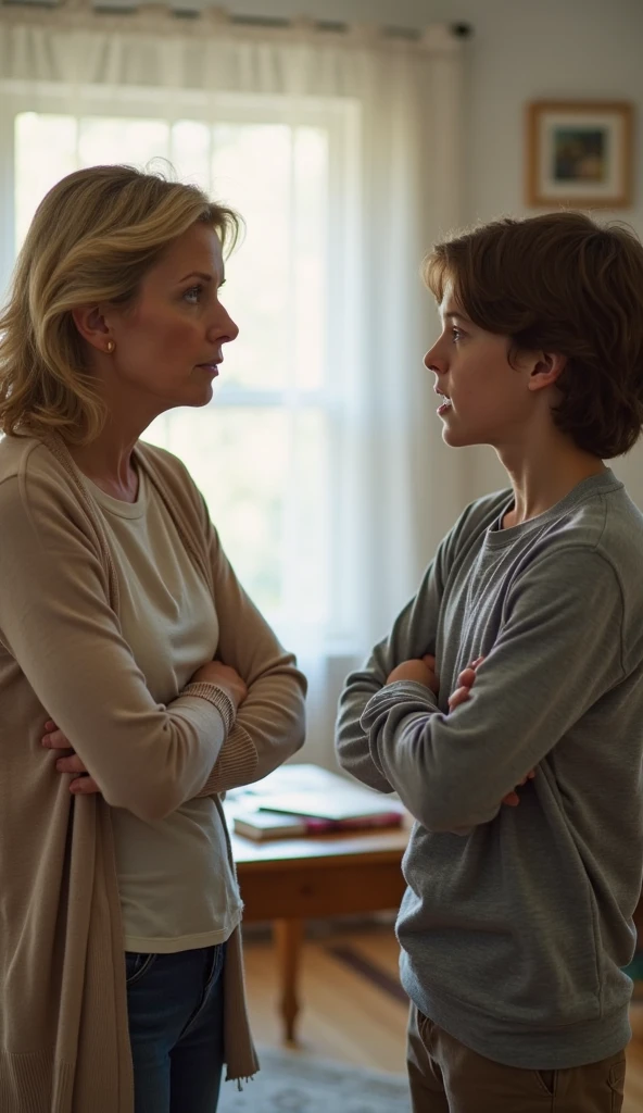 A step mom sitting on a table and her teen step son on a chair(sexual tension),the step son sucking her fingers