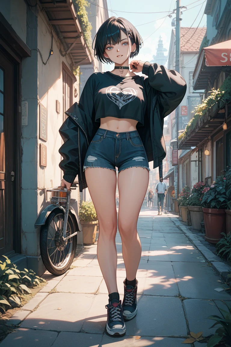 blank background, (((full body))), (masterpiece), ((best quality)), ((tall girl)), straight hair (curvy:1.5), (punk girl), shoes, belt below navel, black hair, wide hips, (black jeans), (short sleeves), arm tattoo