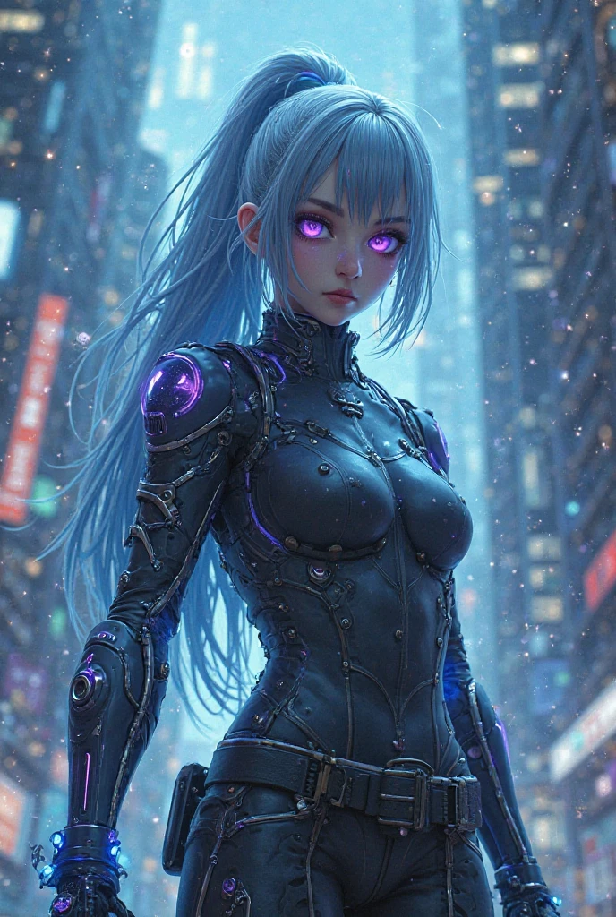 (masterpiece), (highest quality), Ultra-high resolution, Sharp focus, ((1 female, alone)), whole body, Cyberpunk Theme, Beautiful detailed hair, Light blue hair, long hair hangs down, Beautifully detailed face, ((Beautifully shaped eyes, Blue Eyes)), Perfect feminine face, View your viewers, Feminine navy blue enamel cyberpunk outfit,refined armor, Neon lights in the city of bright colors, (At night:1.2)