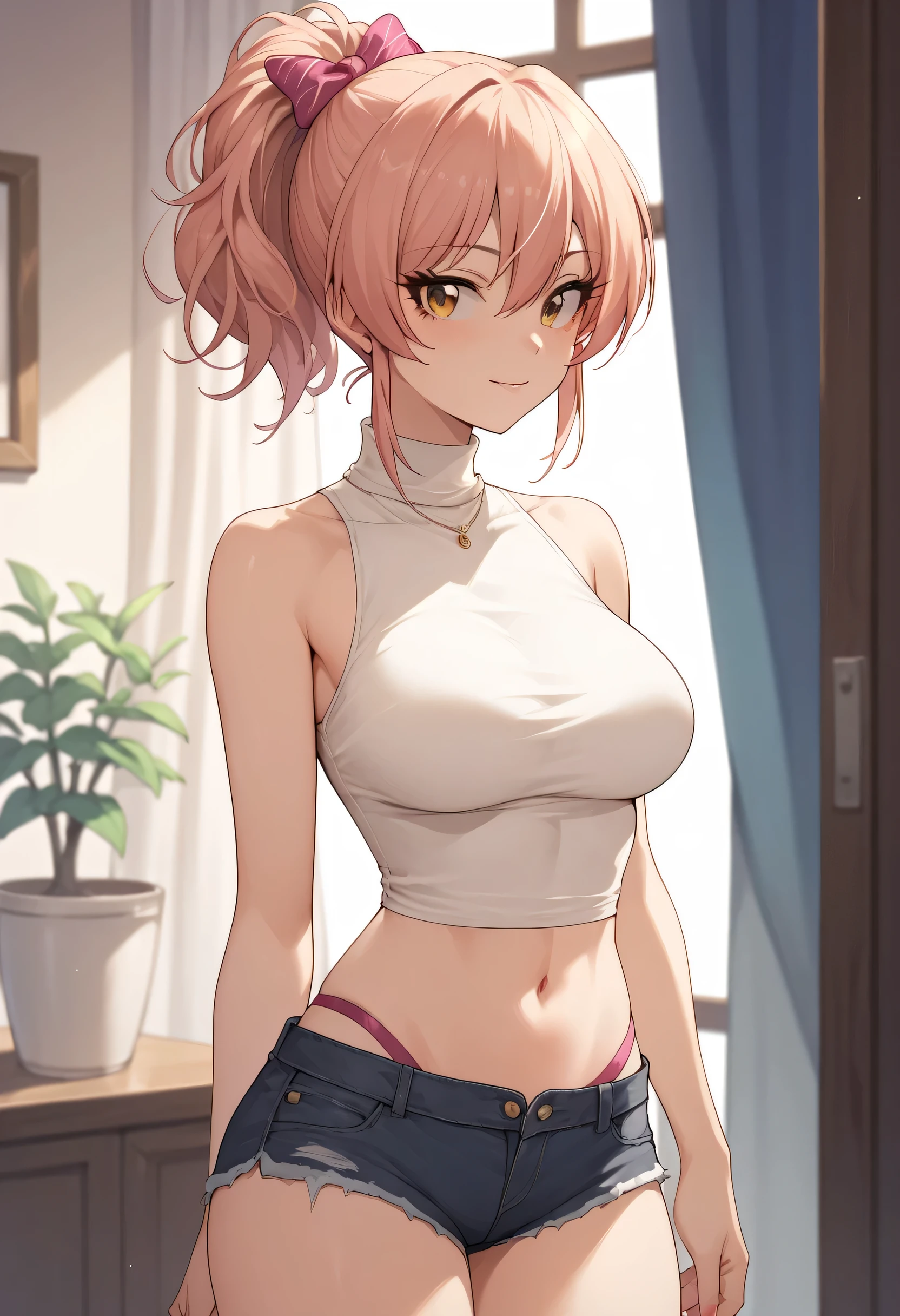 An image of Mika Jougasaki Wearing a sleeveless white turtleneck blouse with short shorts standing in a room