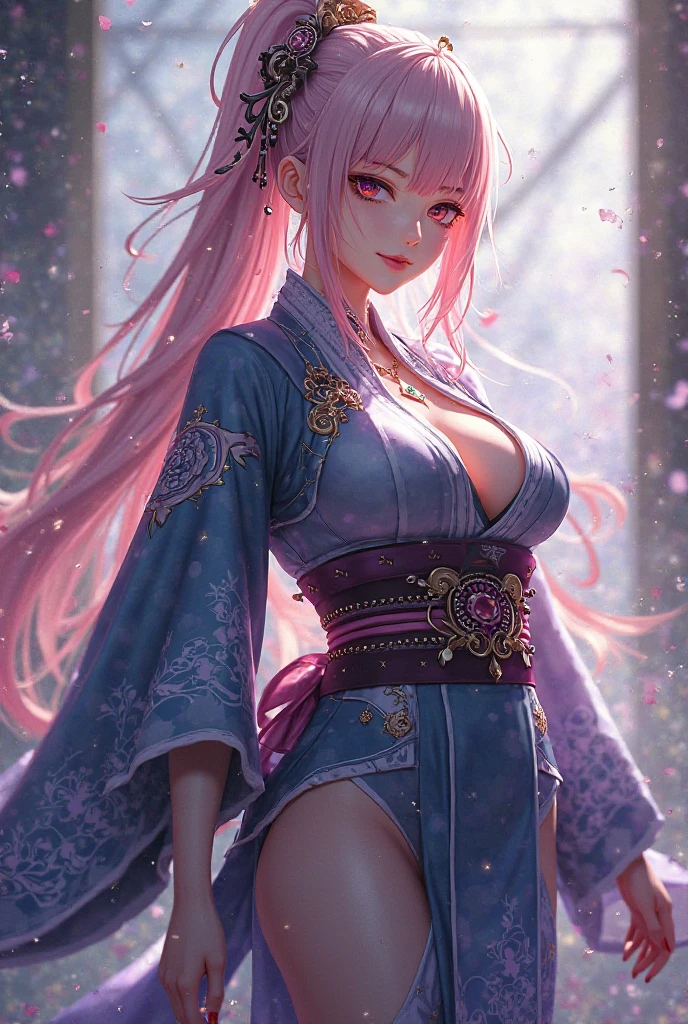 Red eyes, (top quality, masterpiece painting:1.3), Immature woman, , (half body shot), masterpiece, ultra high resolution, (photorealistic:1.0), world purple hair,straight hair, beautiful shiny hair, white and glowing skin, ((Ultra realistic details)), Octane rendering, very detailed face, (big breasts:0.8), (make a heart with your hands),((Translucent white robe), (pink robe with feathers,Stratification), Embroidery pattern "White cherry blossom", silver earrings,(Milky Way), Hair flutters in the wind, Japanese garden with beautiful cherry blossoms at night, Mysterious Night Sky, Beautiful landscapes, Sharp Focus, complex parts, professional artwork, (bright colors:1.1), bright colors, diffused worlding, Digital Blending, Ultra-thin body, ultra detailed hair, super detailed face, What'This'this is trending on pixiv, The top button is open, Sweet look, compensate, perfect lips, perfect compensate, Ultra-precise coating, (world_smile:0.8), (very embarrassed:1.2), redden the nose,