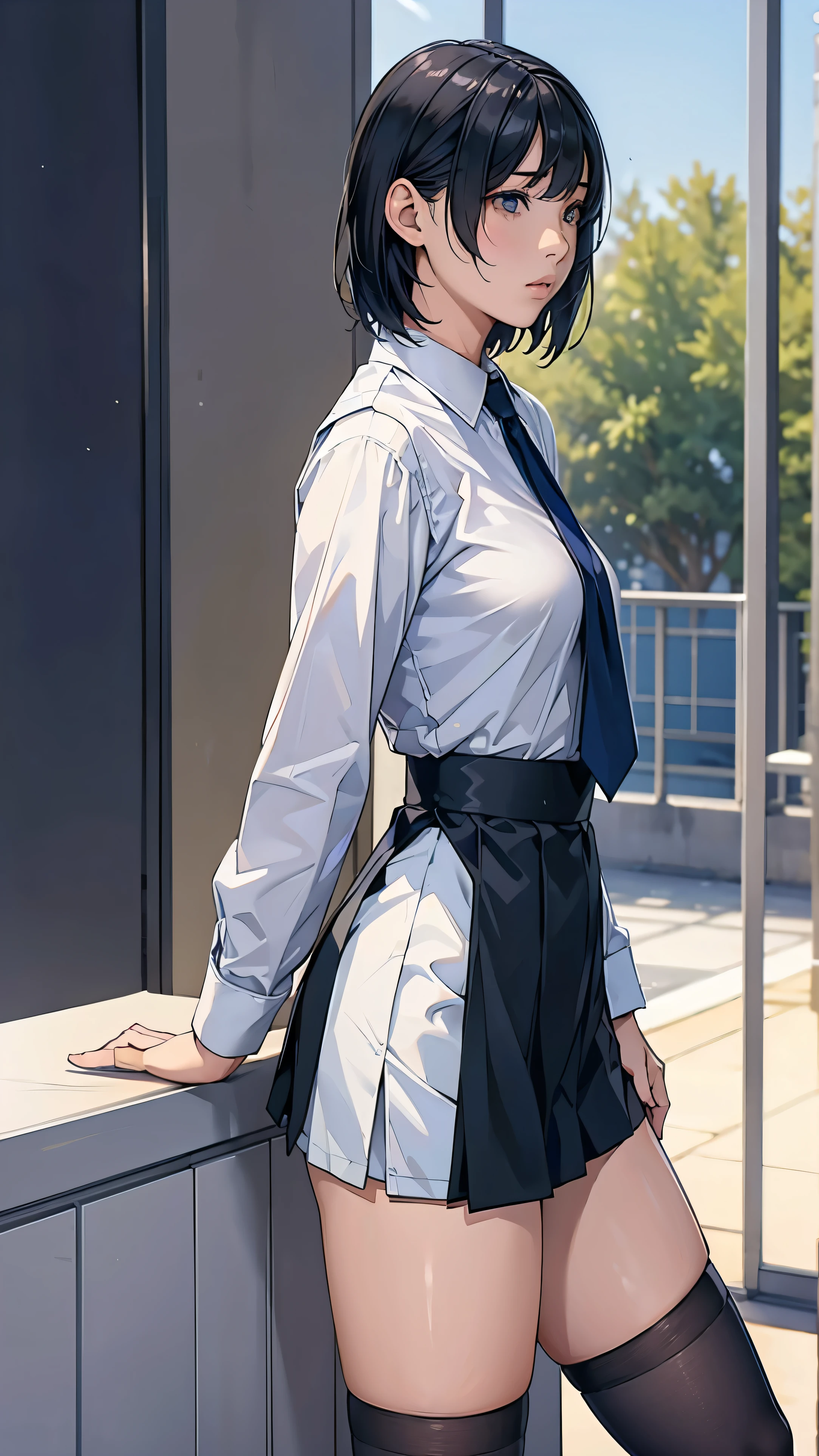 perfection、masterpiece、(best quality、high resolution:1.2)、 (((1 female high school student in uniform)))、Beautifully Detailed Eyes、(((distracts attention)))、Japanese High School Girls、white shirt and navy blue miniskirt、wearing a vest of the same color、With short black hair、has a natural luster、wearing black knee-high socks、stylish and modern atmosphere、softly shines in、