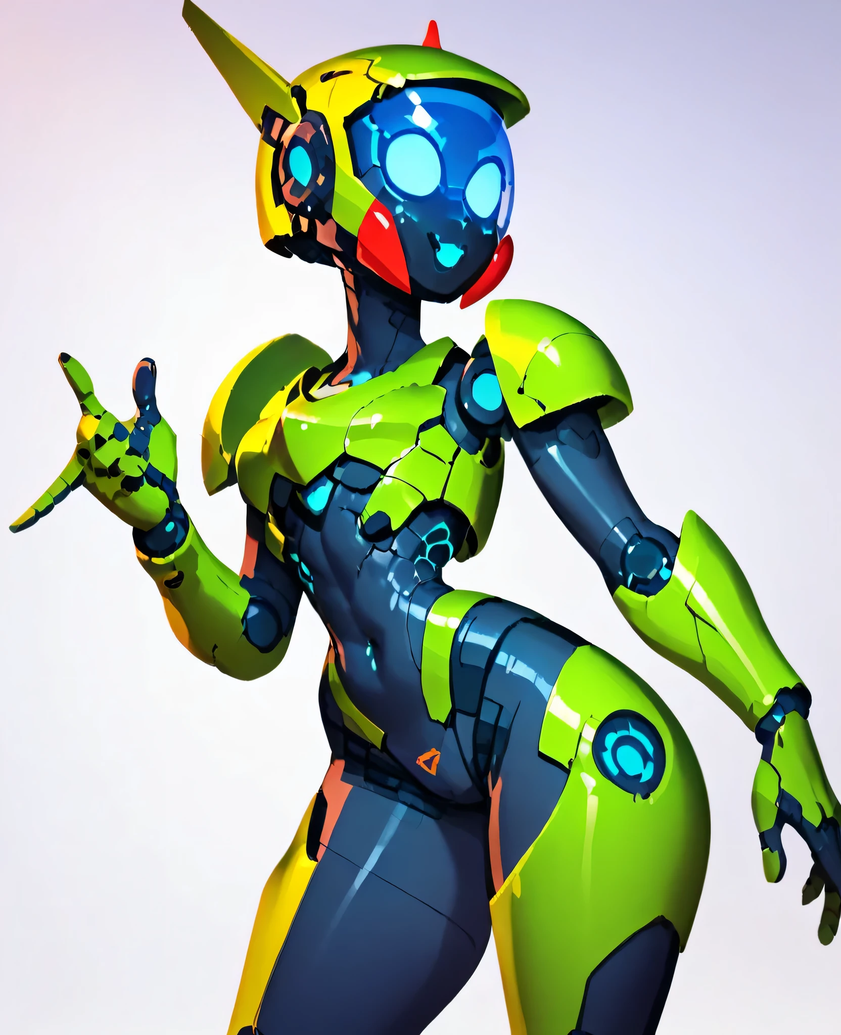 A robotic suit, an iron armor, female form, that conceals the entire body including the head, metal fibers of green with black, steel helmet with blue eyes, pleasing to the eye, friendly