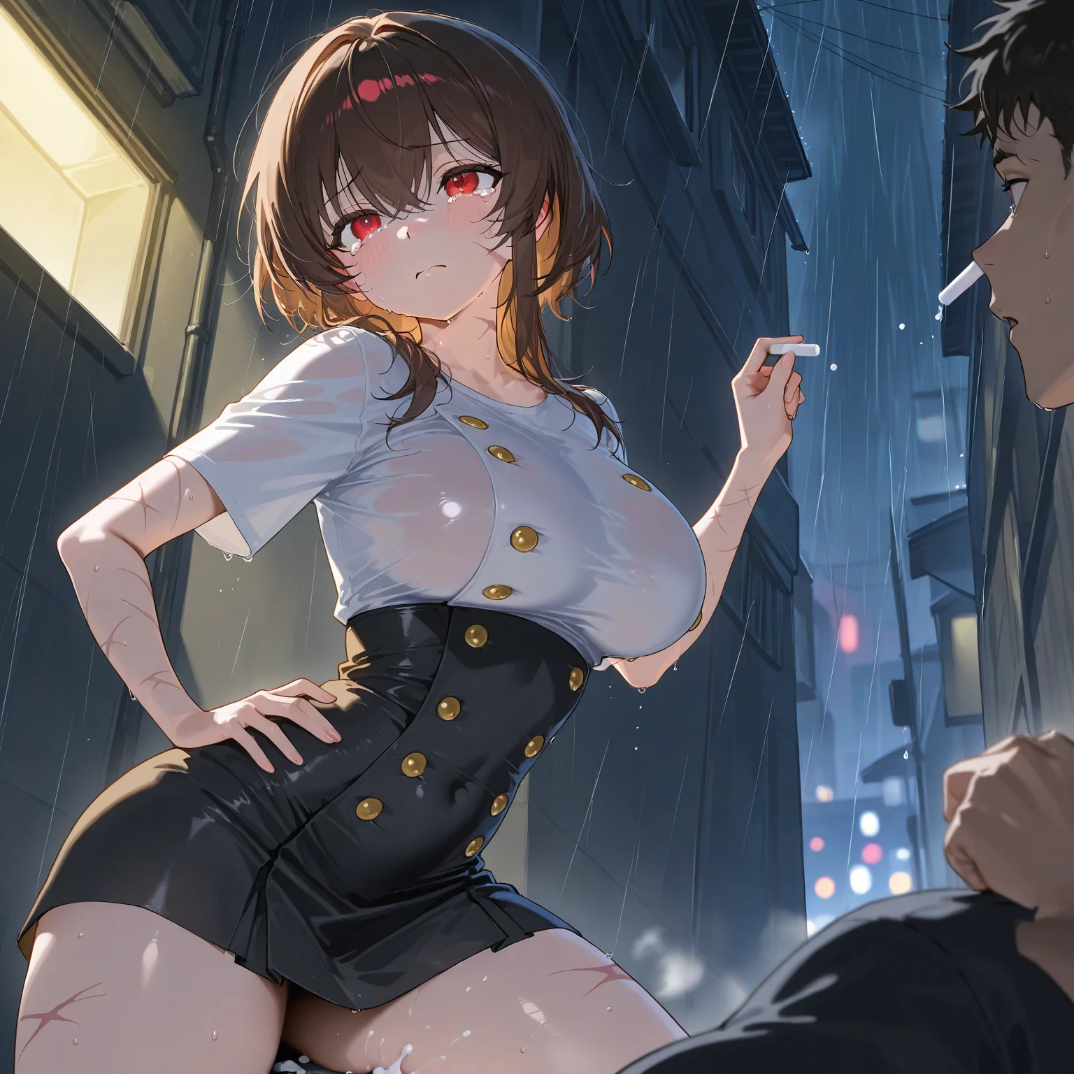 NSFW, (masutepiece), (photo realistic1.4), 超A high resolution, Best Quality, 8K,come before:1.0,perfect hands, perfect fingers, perfect legs,1woman,(cowboy shot,from side,1woman,solo,idolmaster,makino yagami) ,(17years old, beautiful girl), (beautiful purple eyes),((wearring glasses)),((beautiful purple hair)), (((long straight hair))), (wet hair), (wet skin), ((Sweat)), (flat chest,large breast),(pubic purple hair:1.3),(love juice:1.2),(many sweat:1.5),(pencil skirt, dress shirt, black jacket, pantyhose, black skirt),(open clothes),(wet clothes),(no bra,no panty),(open your mouth), ((out tongue)),(Nice touch), (one eye closed:1.5),((feel good)), ((happy)),(saliva),(cum on body:1.9),(cum on face:1.3),((cum in hair:1.3),(cum on mouths:1.2), (((multiple boys, peeing on a girl, multiple penises, gangbang, holding penis,fellatio))),((ecstasy torogao:1.5)), saliva trail, nose blush,pleasure vaginal penis,grin),BREAK,(1boy, hetero:1.3), ((vaginal sex,standing back sex:1.5)),(cum shot:1.3),(((bukkake:1.9))),(outdoors, cyberpunk, city, night, city lights, neon lights,back Alley),(looking viewer),