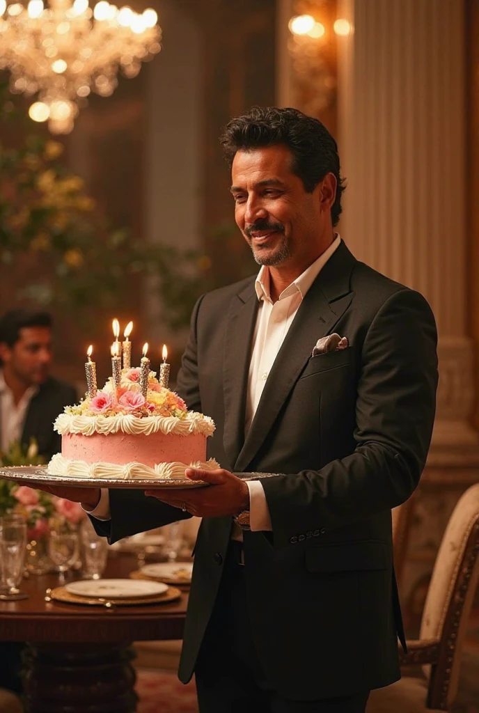 It is the birthday of the daughter of a very big businessman of India in his luxurious house, his daughter whose name is Shreya is very beautiful, she is wearing a golden frock and has a crown on her head, Shreya is cutting cakes with her father, her father is wearing a black colored 3 piece suit and her father is 50 years old, his hair is black and his beard is light brown