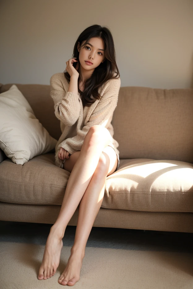 1girl,sitting on a cozy couch,crossing legs,soft light,barefoot,soles