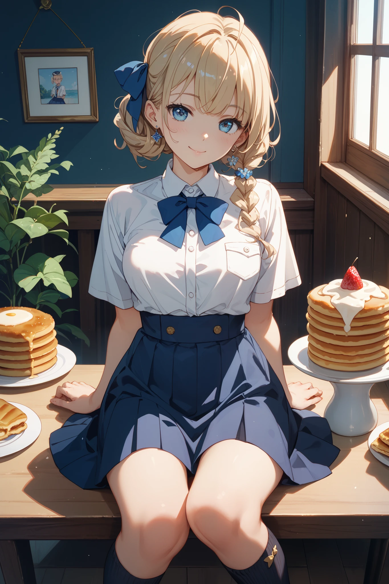 Girl with a nasty appearance:1.3）、(livingroom:1.5)、(and chest:1.4)、Raw photography, top-quality, hight resolution, (​masterpiece), (Photorealsitic:1.4), (Mole under the eyes),Anime Cosplay, foco nítido, nffsw, 8K分辨率, intricate detailes, depth of fields, the Extremely Detailed CG Unity 8K Wallpapers, front lit, femele,25-years old、 Sleepy eyes、(Eating breakfast:1.5)、(Eat bread:1.5)、see -through、(medium blonde)、blue eyess、(School Uniforms:1.3)、Shining Morning Sun、TV in the background,(Indulgent breakfast:1.3)