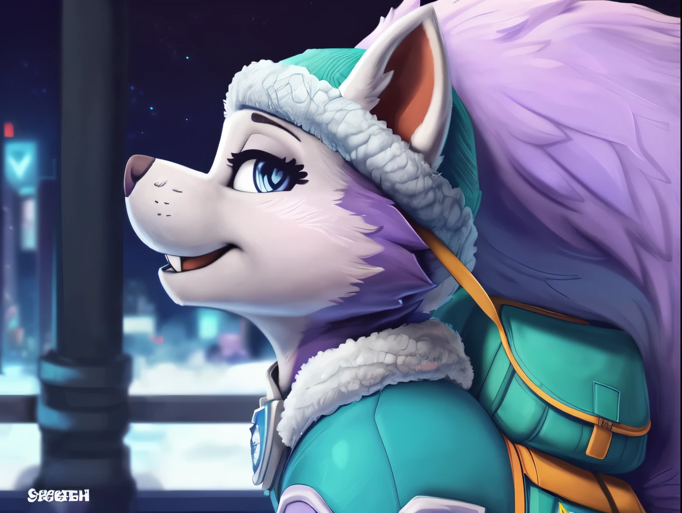Everest, ((Paw Patrol)), ((female solo)), domestic dog, female, adult female, blue eyes, (((purple fur)), ((purple body)), (wearing Paw Patrol gear:1.25), (wearing Paw Patrol bagpack:1.45), (feral:1.25), (quadruped:2.25), ((wearing aqua winter hat)), ((sharp teeths)), ((large fangs)), blue eyes, (Shiny eyes:1.6), ((Pixar eyes)), perfect eyes, ((glowing eyes)), (hyper realistic:1.65), long fluffy tail, very large tail, tail up, very furry and fluffy, ((very large fangs)), smiling, perfect ligthing, (Cyberpunk city background:1.25), ((many hearts all over the screen)), (back side view:1.45), looking at Viewer, ((seductive break)), ((spread legs)), spread legs, (rajii:1.1) (dimwitdog:1.1), (thesecretcave:1.25), (cooliehigh:1.1), (miles-df:1.1), (complextree:1.1), (pixelsketcher:1.1), (foxovh:1.1), (zaush:1.1), (avante92:0.70), (meesh:1.1), (inu-sama:0.80), (cervina7:1.1), (F-R95:0.70), (R-mk:1.1), (xpray:1.1), (standing tall:1.65), (large fluffy tail:1.65), (close up to face:1.25)