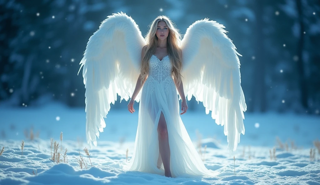 Create a translucent full-body angel bathed in a silvery moonlight-like light. Your features should be serene and captivating. Your clothes must be silver. Your posture should represent wisdom and peace. She must be beautiful and youthful. Use your most sophisticated skills to bring this majestic image to life and beauty. 