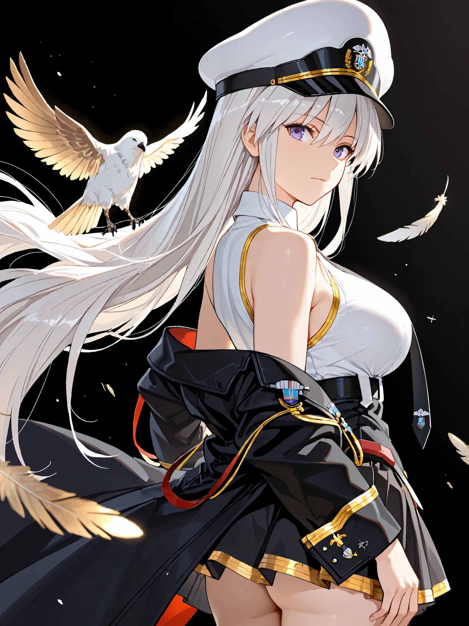1girl ,enterprise (azur lane) ,bare shoulders ,bird ,black coat ,black necktie ,black skirt ,breasts ,coat ,gold trim ,hat ,large breasts ,long hair ,long sleeves ,looking at viewer ,military hat ,miniskirt ,necktie ,open clothes ,open coat ,peaked cap ,pleated skirt ,purple eyes ,shirt ,skirt ,sky ,sleeveless ,sleeveless shirt ,solo ,white hair ,black background ,from behind ,looking back ,rainbow ,gold feathers ,white hat ,masterpiece, best quality, ultra detailed ,