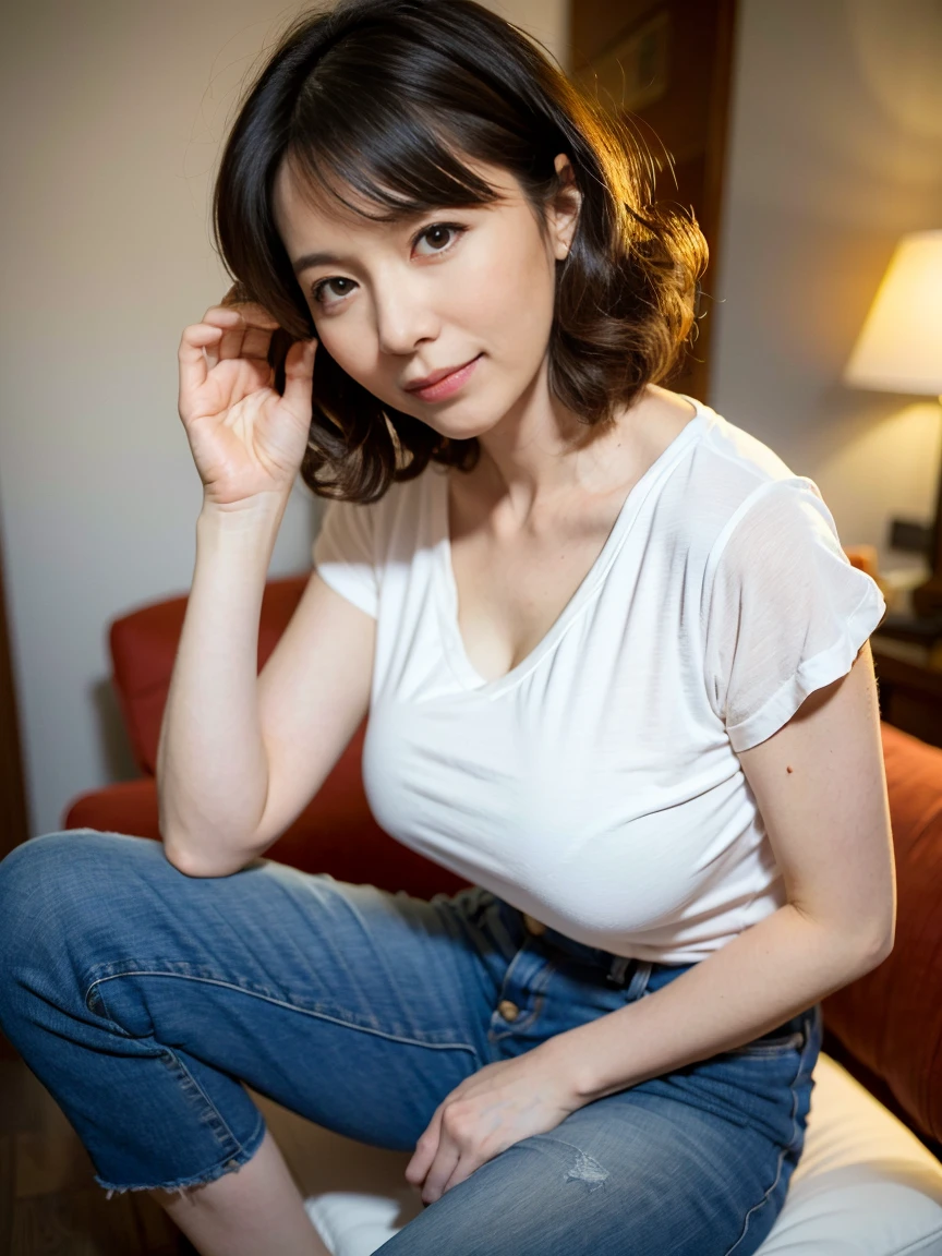 japanese mature, (Solo), 50 years old, (Wrinkles at the corners of the eyes:1.2), Large breasts, A MILF, glamor, A sexy, Chromo-white skin, Looking at Viewer、Super large udder、Wearing a sleeveless turtleneck knit、Tight Fit Knitted Dresses、Muchimuchi、Tight-fitting denim shorts、high-heels、ssmile、livingroom、Sitting with legs open