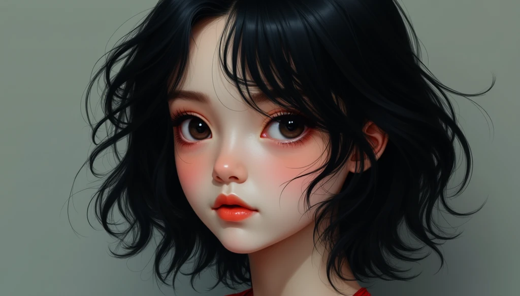 Small face small black eyes long middle eyelash small nose thin upper lip thick lower lip oval face (not so much)white brown skin, black hair layered bob cut 