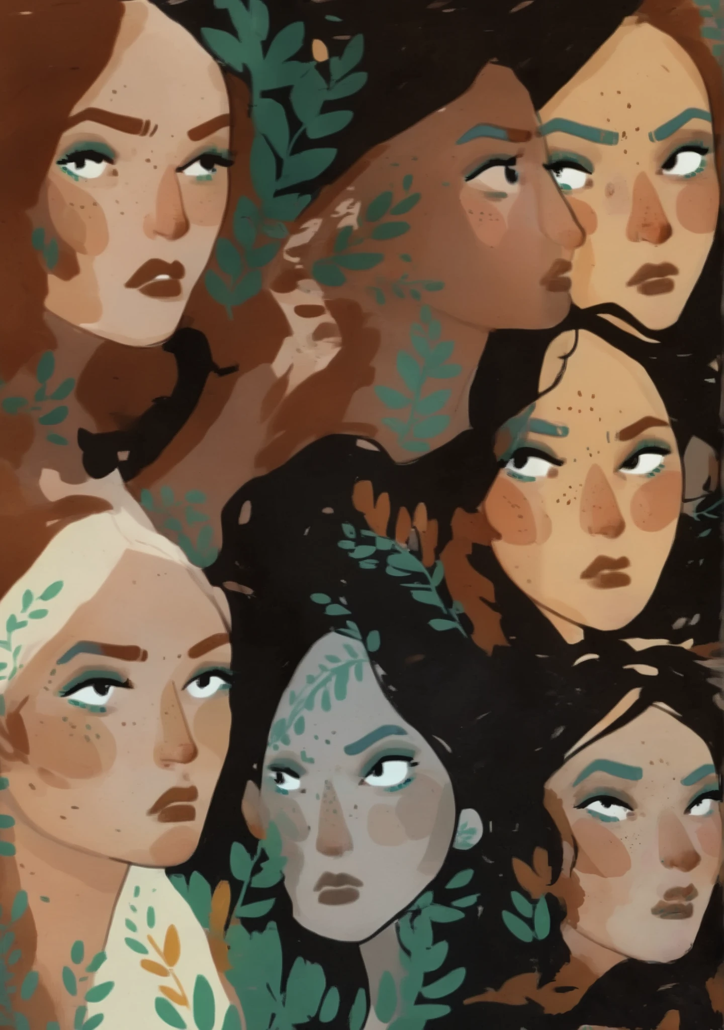 multiple characters, girls, 2d art, flat colors, detailed faces, simple black eyes, eyeliner, gouache texture, half body portrait, gouache painting, vibrant colors, skin freckles, thick gouache render, novuschroma57 style cartoon, in gougoupaintleaves, FRESHIDEAS Illustration No. 12, Illustration No. 8