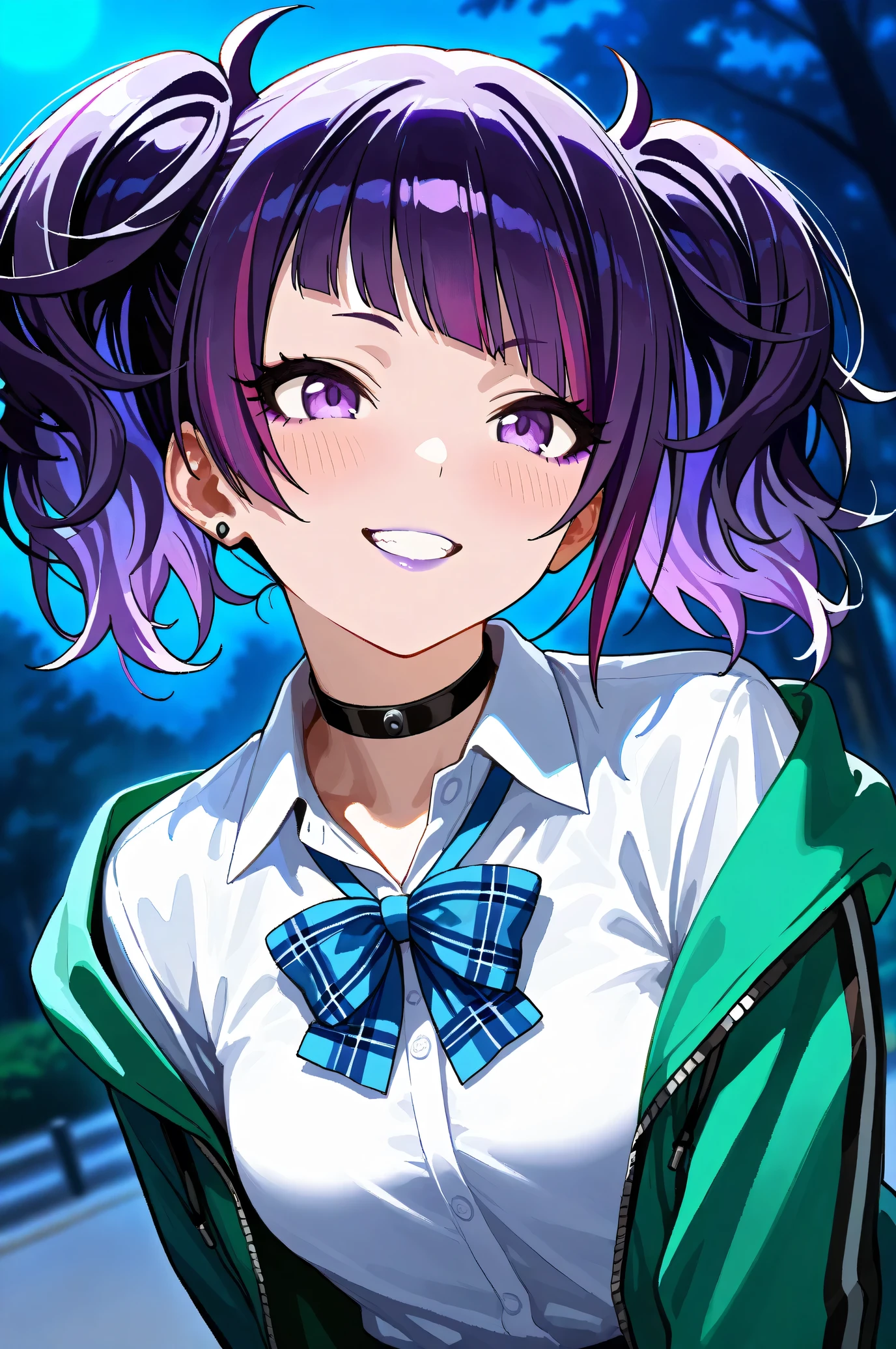 (Masterpiece:1.2), (Highest quality:1.1), (Very detailed),
(The best shape), (Best shadow), (Absurd),
(Detailed Background), (So beautiful), Shiny,
Beautiful eyes in every detail, Extraordinary, Countershading, 8k, 32K, High resolution,
Very Detailed CG, UHD,
Score_9, Score_8_up, Score_7_up, Source_anime,
(Pastel painting:1.2), (Watercolor painting:1.2),
(Masterpiece, Detailed:1.2), (Foreshortening:1.2),
Cinematic, Dramatic, (Depth of field:1.4),
(Blurry background:1.4), (Realistic background:1.4),
1 girl, Solo, Dynamic angle, dynamic pose, below,
Outdoor, Nature, (Midnight:1.2), Late night, Park,
Tanaka Mamimi,
the idolmaster shiny colors,
tnkmmm, purple hair, short twintails, blunt bangs, diagonal bangs, purple eyes, medium breasts, small breasts,
(School uniform:1.3),
Open hoodie, Green hoodie, Solid hoodie,
Collared shirt, Long sleeve shirt, White shirt,
Indigo ribbon, Butterfly ribbon,
Choker, Purple nail, (Purple lips:1.1),
(Blush:1.3), Grin,
Portrait, Upper body, Close up shot,
Focus on face,
Realistic skin, Shiny skin,