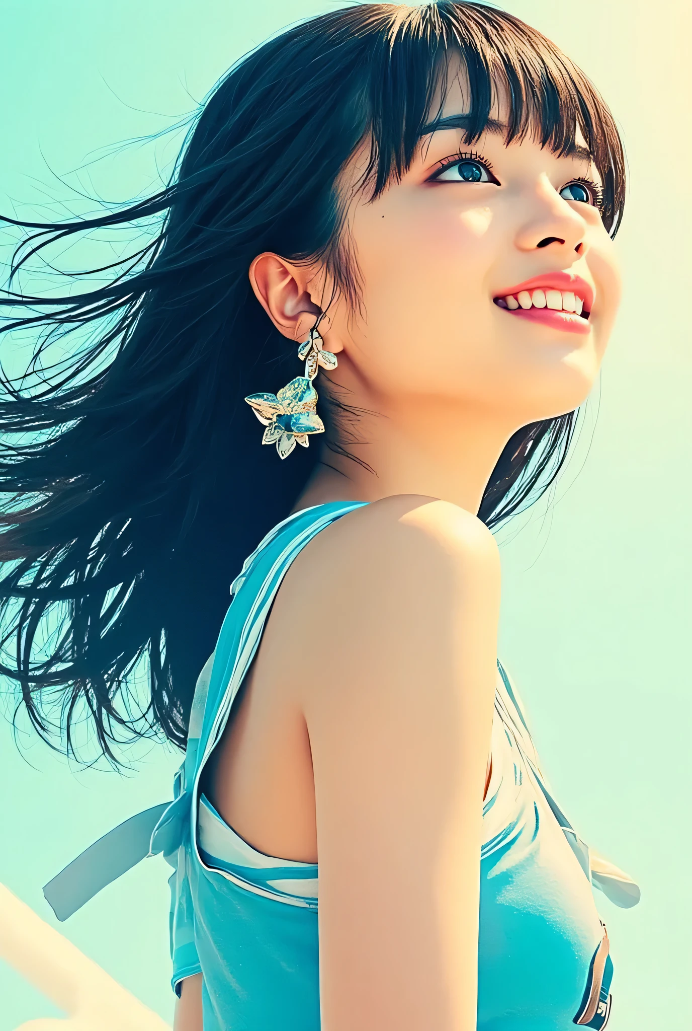 face looking up、angle from above、smile、Very beautiful Korean girl、(age:1.1), black hair( Detailed Hair Quality :1.2), (accessory:1.1), Blue eye(eye:1.3), ( active pose :1.2), (girl body type:1.1), short cheerleader-style skirt(Detailed Clothes:1.2) 、Full body Sbien、profile 、short hair、The background is a single color、明るい影とcolor合い、(detailed background:1.1)、 アニメstyle、(Detailed view:1.3), digital art 、(Expression of light and shadow:1.3), (color:1.2), Delicate Description 、(style:1.2), character design、(composition:1.2)。Suzu Hirose、Suzu Hirose、cute