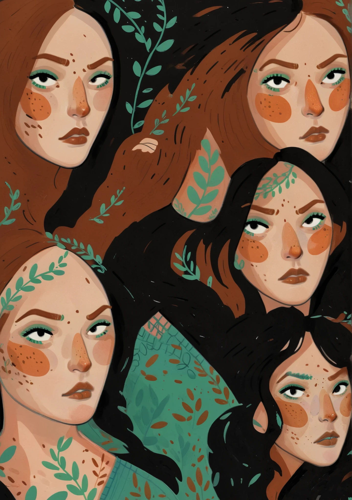 multiple characters, girls, 2d art, flat colors, detailed faces, simple black eyes, eyeliner, gouache texture, half body portrait, gouache painting, vibrant colors, skin freckles, thick gouache render, novuschroma57 style cartoon, in gougoupaintleaves, FRESHIDEAS Illustration No. 12, Illustration No. 8