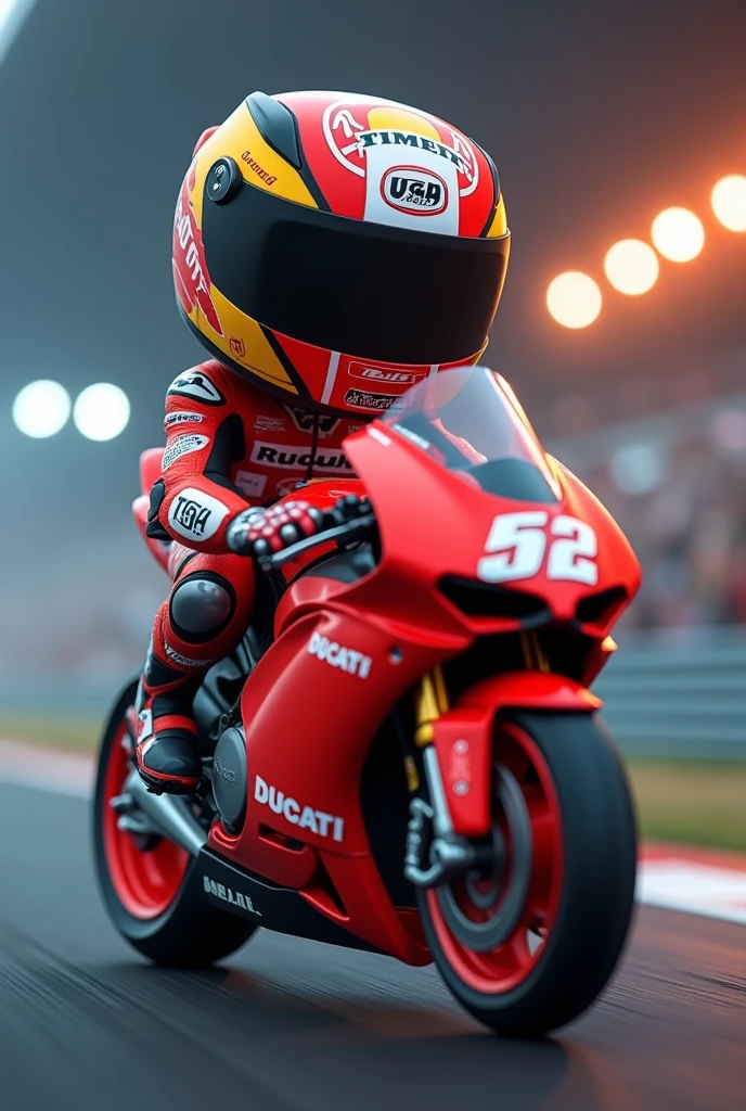 Boy with racing motorcycle loncing gp 300, Red color, very realistic, in race, with helmet, with the name PABLO on the back