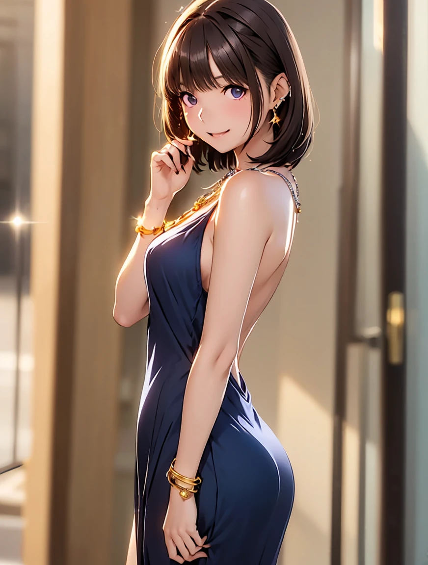 masterpiece, highest quality, 8k, High resolution, (Head to Toe:1.4), RAW digital fixed-point shot of young London woman standing proudly, slim, Sexy body and face, Smiling mockingly at the viewer, Expensive modern clothes, hair ornaments, Discreet Jewelry, Hotel Suite, Intricate details, At dusk, Indoor lighting and sunset from outside the frame, Realistic lighting, Dynamic colors through lighting, Surreal