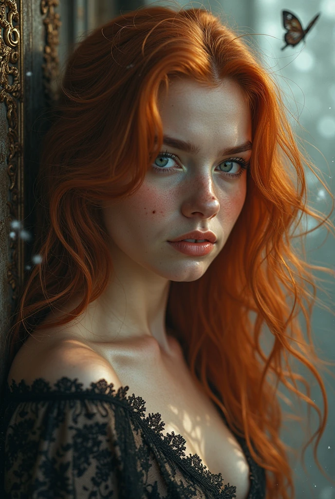 (solo, full body photo:1.3), (action packed:1.3), (haze, fog, mist:1.3), chiaroscuro, best quality, photorealistic, 1woman, (cute), (24yo:1.2), redhead, long ginger hair highly detailed, 1700'S, digital photography, art by artgerm and ruan jia and greg rutkowski surreal painting gold butterfly filigree, broken glass, (masterpiece, sidelighting, finely detailed Fashionable eyes: 1.2) (perfect oval large eyes that gazes at the viewer), beautiful detailed face, blue gorgeous perfect eyes, (blonde hair ponytail), (attractive young woman:1.3), (thick amazing hair), (seductive:1.1), (blushing:1.1)