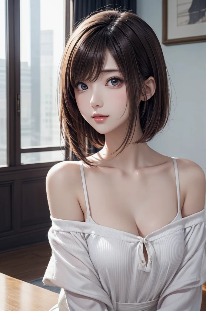 ((masutepiece)), (Best Quality), (Detailed), (1girl in), (Internal Data Stream) ,(A very beautiful woman with a very cute smile),(Very beautiful face symmetrical),(A woman full of adult charm who is too beautiful),(Add intense highlights to the eyes),Beautiful shiny gradient hair, Light blue eyes,very shiny beautiful hair with straight bangs,,,,,,Wearing a modern white shirt and black dress, Covered with data particles,Look firmly at the camera、{Gigantic|Big|Huge|Mega} breasts, cleavage
