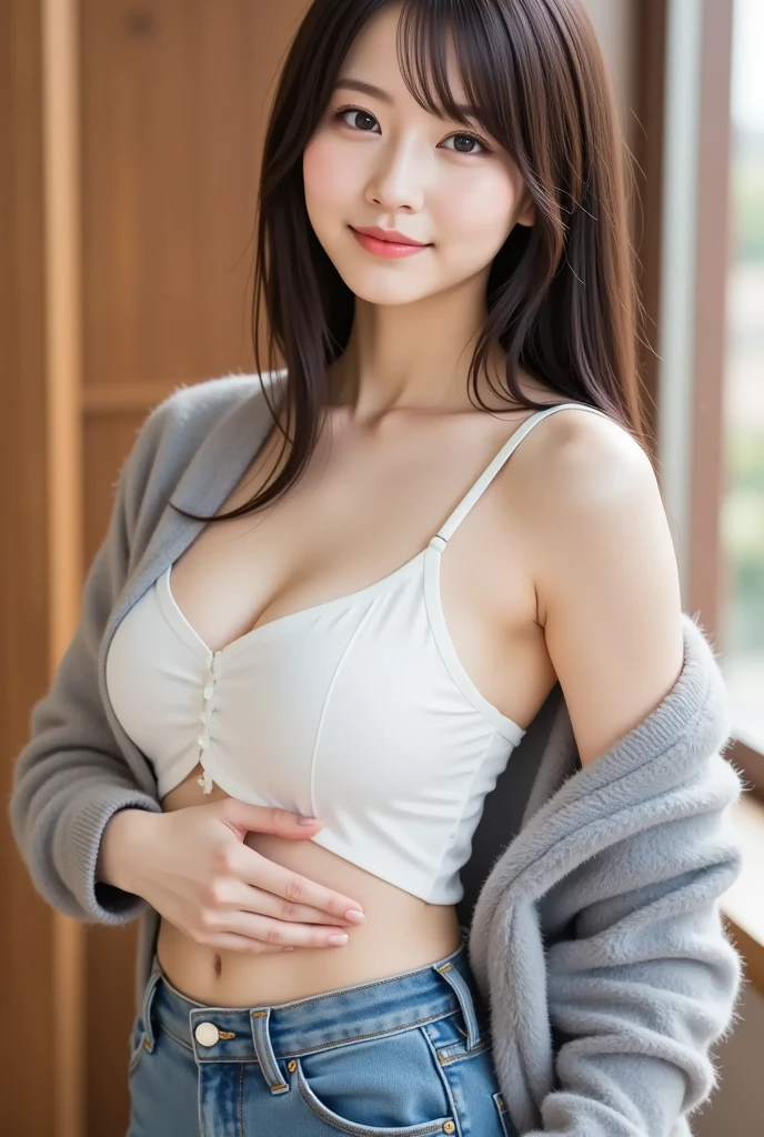 from front, [young girl:little girl:0.3] wearing jacket standing with her breasts exposed, shorts, naughty smile, (loli:1.2), slim, breasts out, grin, slim, small breasts, bare thighs, path, wilderness, Japanese, bangs, hair over the shoulder, finely detailed face, lips, nose, photorealistic, realistic, detailed, (masterpiece, best quality:1.2)、masutepiece, Best Quality, japanaese girl, 8K, top-notch quality, masutepiece, nffsw:1.2, exceptionally detailed RAW color photo, professional-grade photograph, (Realistic, Photorealistic:1.37), (highly detailedskin:1.2), Ultra-high resolution, (lenz 50mm), (masutepiece, top-quality:1.3), (Ultra detailed 8K cg:1.2), (hyper realisitic:1.35), (Photorealistic:1.45), (Realistic:1.4), Cowboy Shot, 1 beautiful Japanese girl, 22 years old, super model, Japanese Idol