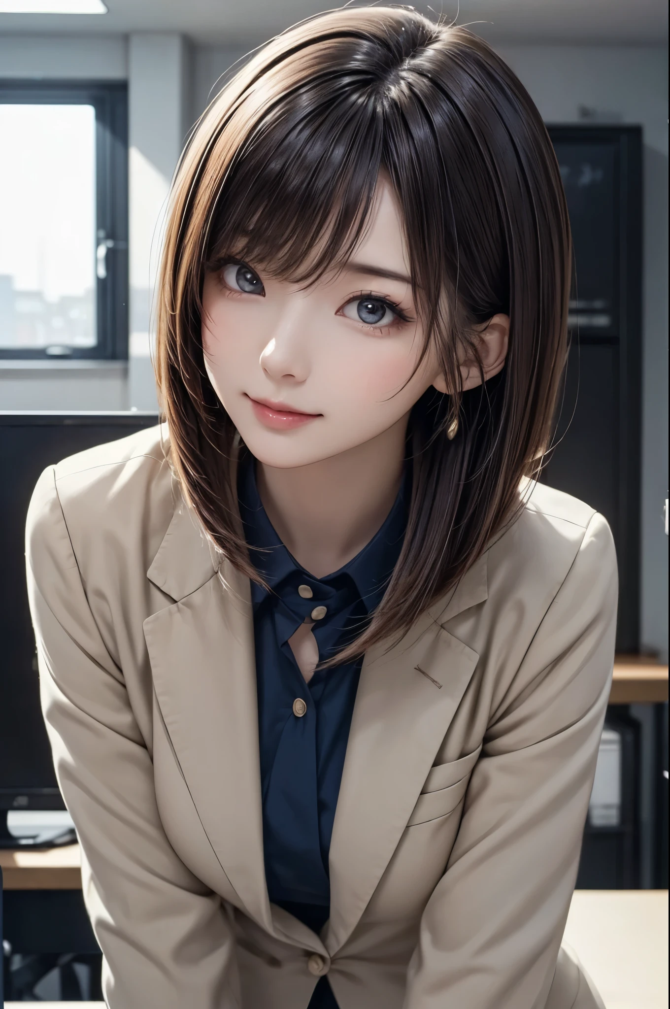 1girl, medium shot angle, upper body, Digital painting, kawaii anime, straight bob hair, beautiful breasts, radiant skin glow, natural face lighting, wearing a elegant office suit, pastel colors, peplum blazer, lace-trimmed blouse, (leaning forward, posing:1.3), (masterpiece, best quality, very aesthetic, ultra detailed:1.2), intricate details, high resolution, 8k, sunlight