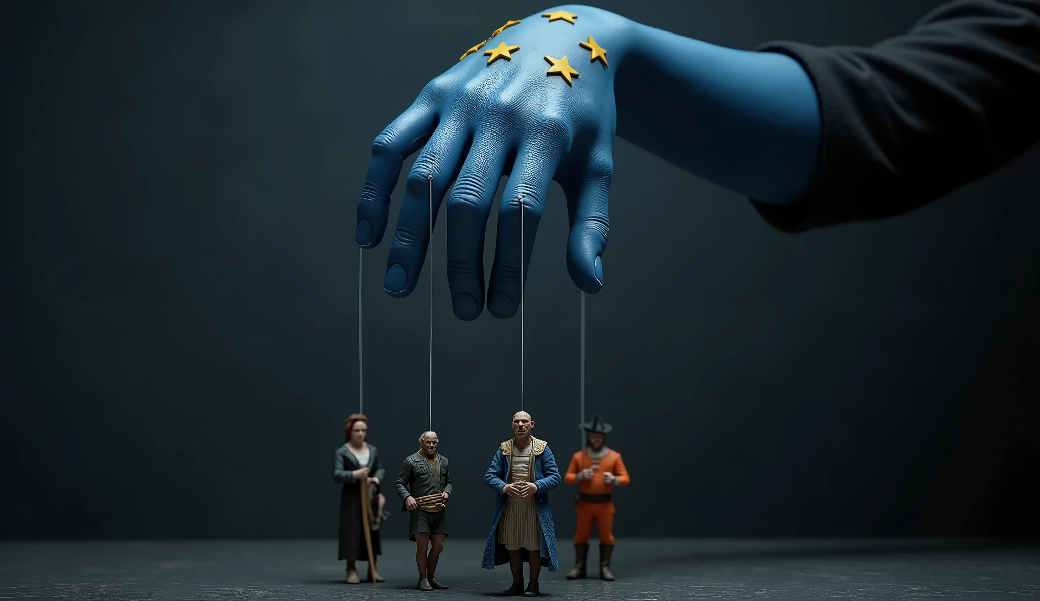 A surreal, photorealistic image. A large blue hand (similar to the skin tone of an "Avatar" character), detailed and humanoid, descends from above, palm down, fingers spread slightly. The hand is not human in color, but smooth and luminous blue, with five large yellow stars clearly visible on the back of the hand, arranged in a circular pattern like the EU flag.
Each of the five fingers holds exactly one string, like a puppet master. Five strings total, each string connects to a different figure hanging below, suspended like a marionette.
The five figures are symbolic characters from different European nations, exaggerated in cultural appearance, all armed or militarized, posed like plastic toys but with dramatic detail:
French "coq" (rooster): A stylized French rooster, upright like a humanoid, feathered in blue, white, and red, wearing a Napoleonic hat, carrying a bayonet or flag.
German character: A heavy-set man in Bavarian clothing (lederhosen), holding a beer stein, yet with a rifle slung across his back.
Scandinavian/Viking: A fierce Viking with braided beard, horned helmet (mythical style), axe in hand, looking up toward the hand.
Spanish torero: A flamboyant matador in classic ornate outfit, holding a sword and red cape, militarized expression.
Italian stereotype: A short man wearing a coppola cap, unshaven, mafia-inspired look, holding a small machine gun or violin case.
Each puppet hangs separately and visibly beneath its corresponding finger. Their strings are taut and connect clearly: 5 fingers, 5 strings, 5 figures. Each one exaggerated in color and symbolism, stylized but photorealistic.
The background is dark, creating high contrast. The lighting is dramatic and moody, spotlighting each figure and the puppet master’s powerful hand. The image conveys manipulation, cultural control, and political puppeteering across Europe.
--ar 1:1 --v 6 --style raw --quality 2 --stylize 1000 --lighting dramatic --sharp focus --high detail