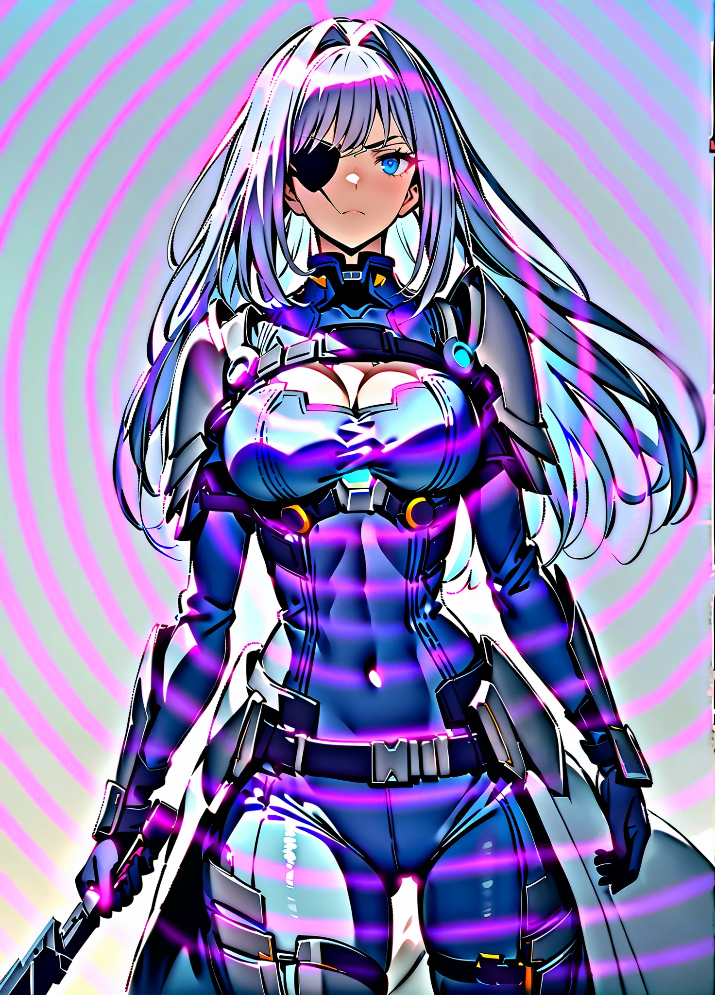 1girl,ethel \(xenoblade\),xenoblade chronicles \(series\),xenoblade chronicles 3,armor,armored bodysuit,blue eyes,bodysuit,floating hair,gloves,grey armor,grey hair,hair intakes,holding,holding sword,holding weapon,long hair,looking at viewer,purple bodysuit,purple gloves,shoulder armor,solo,sword,very long hair,weapon,straight hair,leg armor,serious,glowing,blue background,breasts,large breasts,glowing sword,breasts apart,breast tattoo,eyepatch,glowing weapon,bare shoulders,floating clothe,thighs,hip vent,facial tattoo,belt,clothing cutout,closed mouth,simple background,tattoo,cleavage cutout,cowboy shot,standing,pauldrons,covered navel