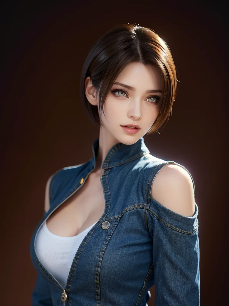 Highest quality, shape, Very detailed, In detail, High resolution, 8k wallpaper, Perfect dynamic composition, Beautiful details, (Cropped Leather Jacket),Random Hairstyles, Perfect Anatomy,Center of chest, Natural color lip, Random sexy poses,Woman with perfect body,devil